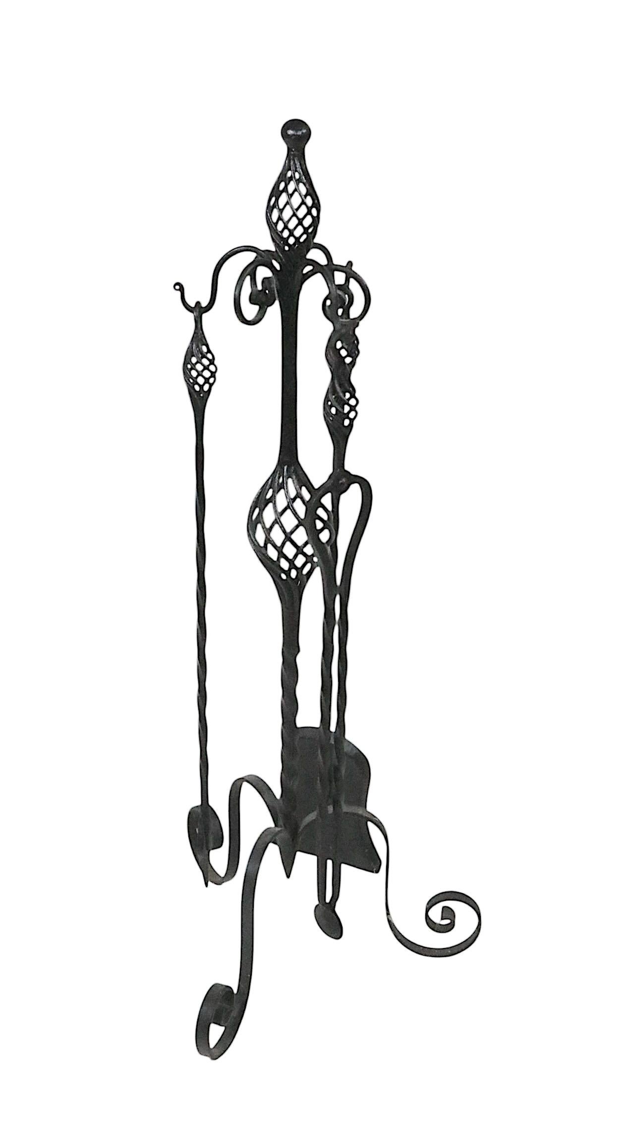 Antique Gothic Revival Style Four Piece Wrought Iron Fireplace Tool Set For Sale 2