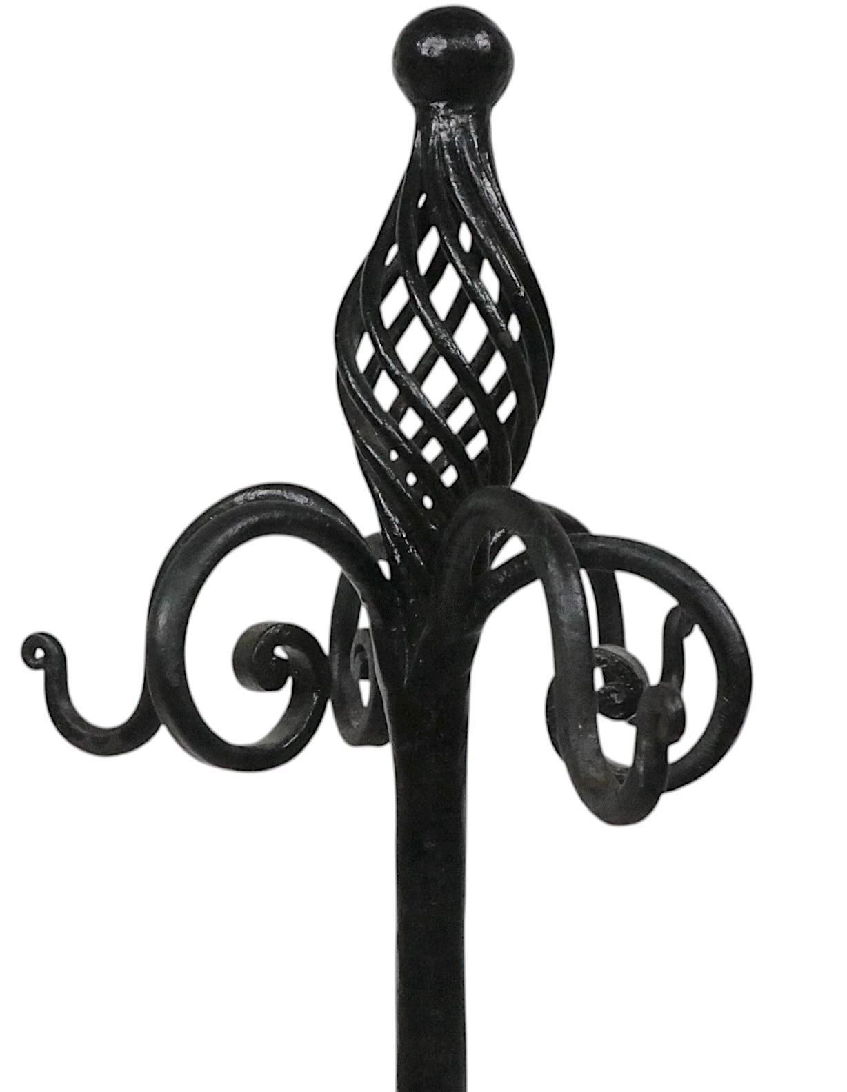 Antique Gothic Revival Style Four Piece Wrought Iron Fireplace Tool Set For Sale 3