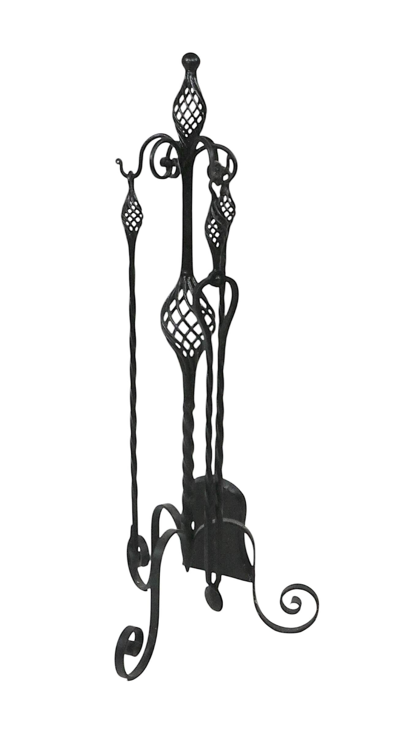 Antique Gothic Revival Style Four Piece Wrought Iron Fireplace Tool Set For Sale 4