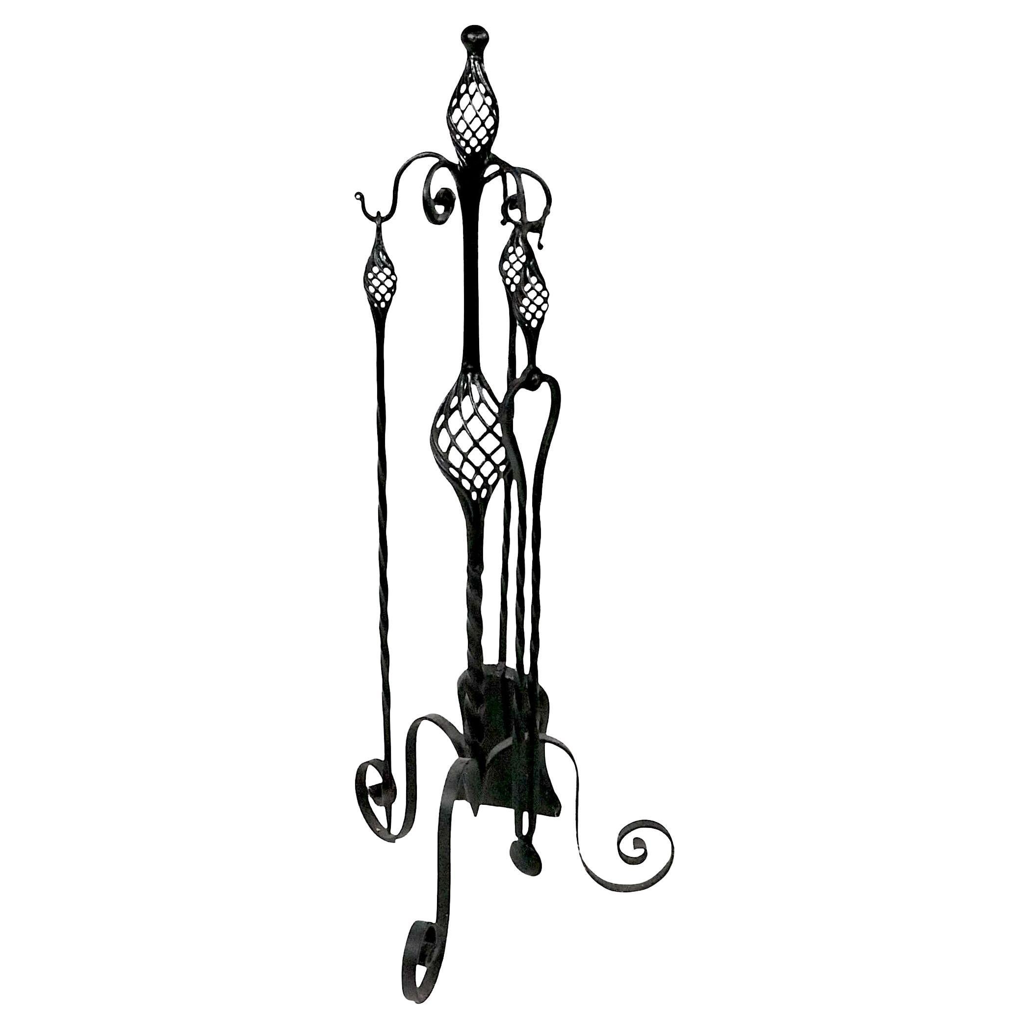 Antique Gothic Revival Style Four Piece Wrought Iron Fireplace Tool Set For Sale