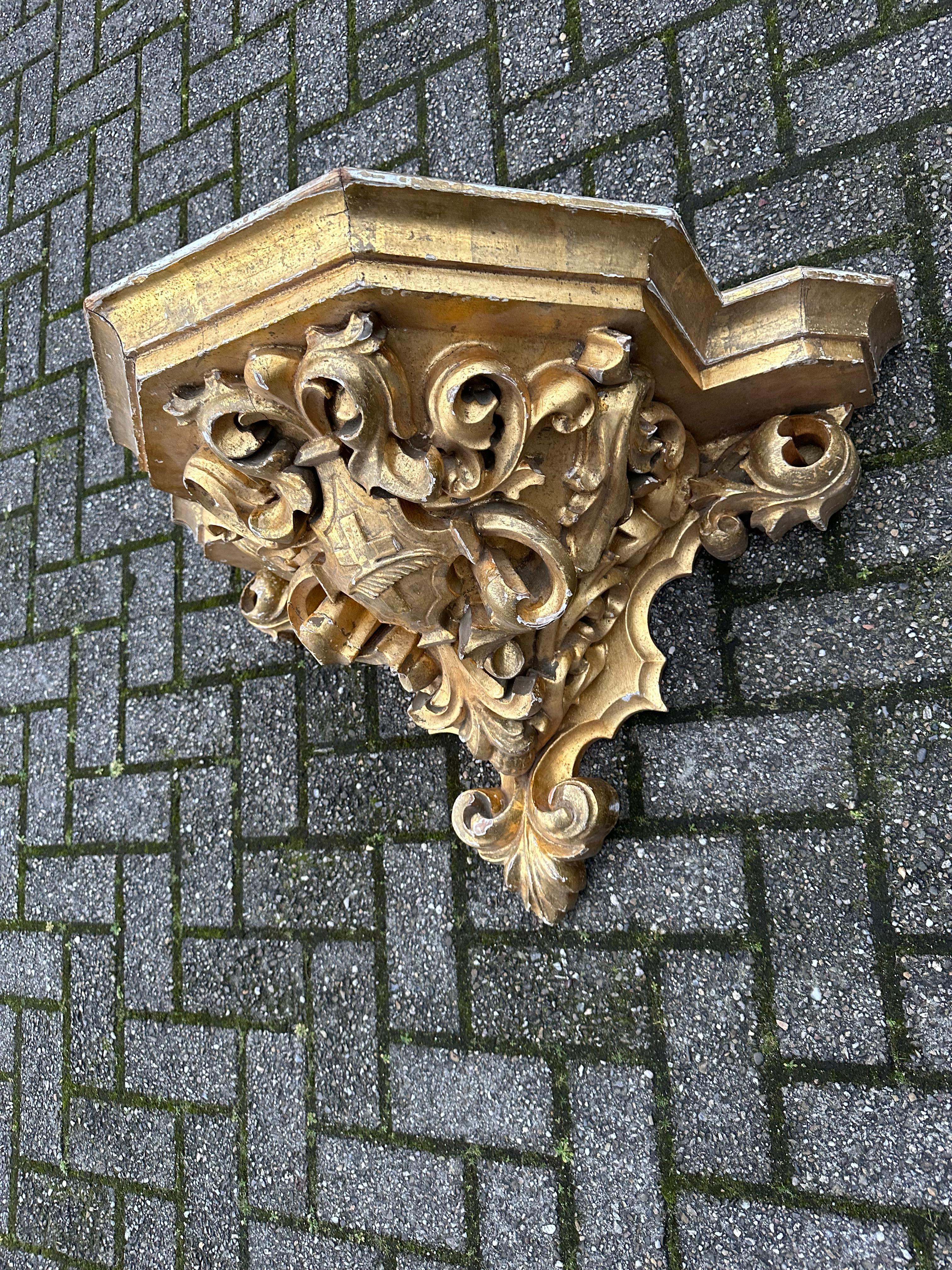 European Antique Gothic Revival Top Quality Hand Carved & Gilt Wooden Church Wall Bracket For Sale