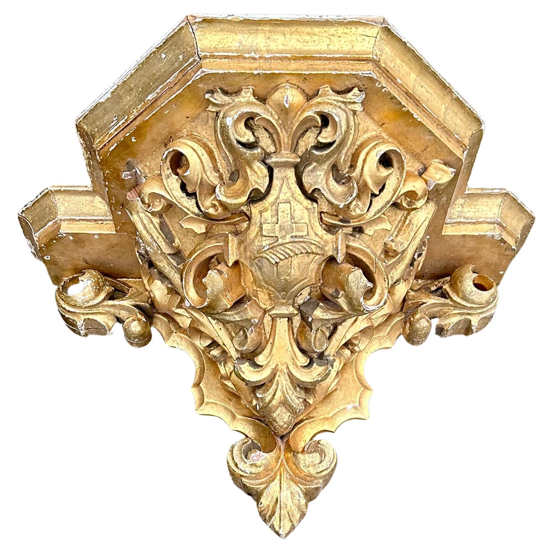 Antique Gothic Revival Top Quality Hand Carved & Gilt Wooden Church Wall Bracket For Sale