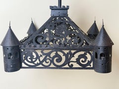 Antique Gothic Revival Wrought Iron Castle Chandelier with Turrets