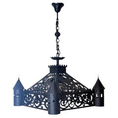 Antique Gothic Revival Wrought Iron Castle Chandelier with Turrets