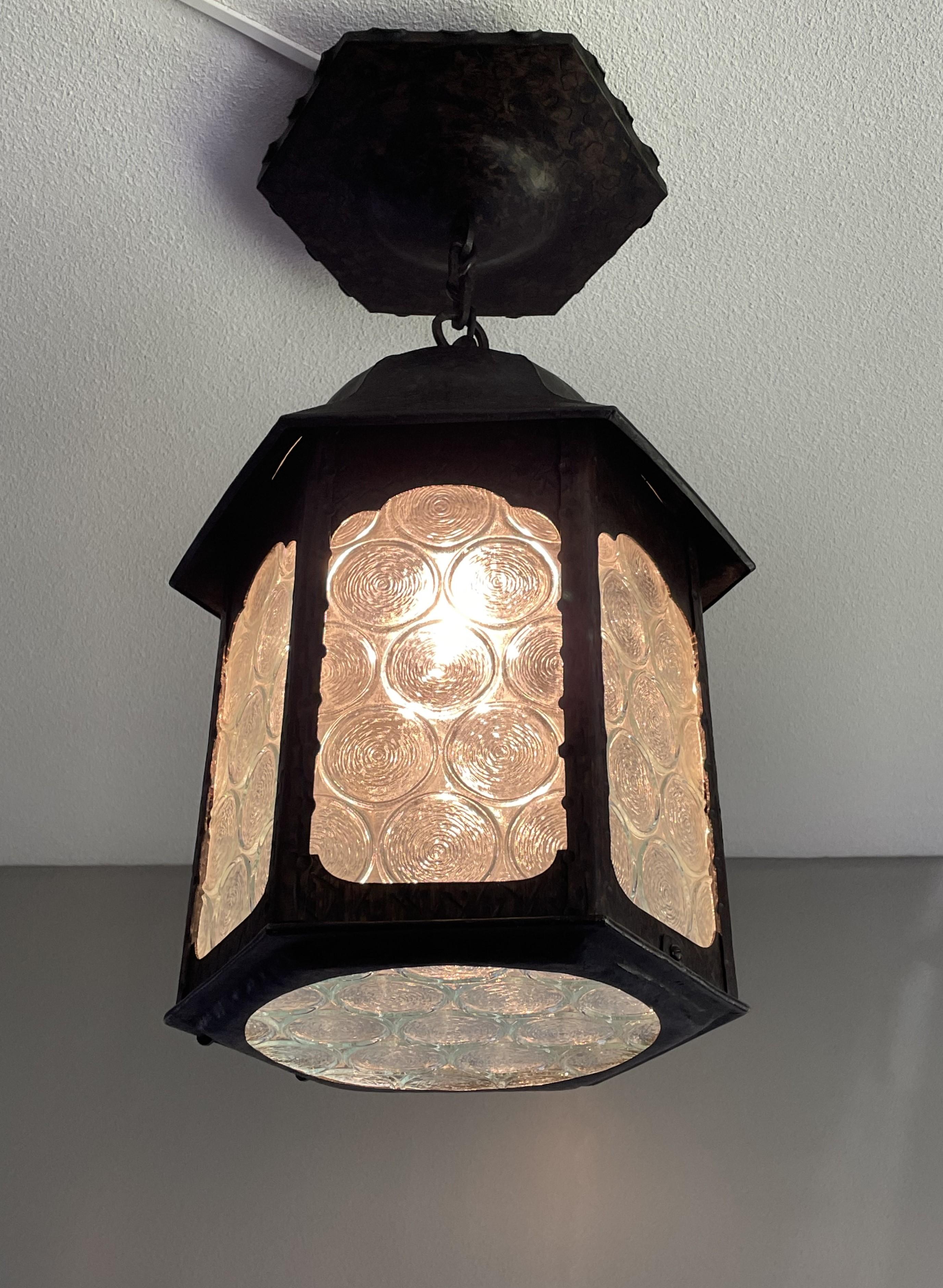 Antique Gothic Revival Wrought Iron & Unique Art Glass, Porch or Hallway Lantern For Sale 3
