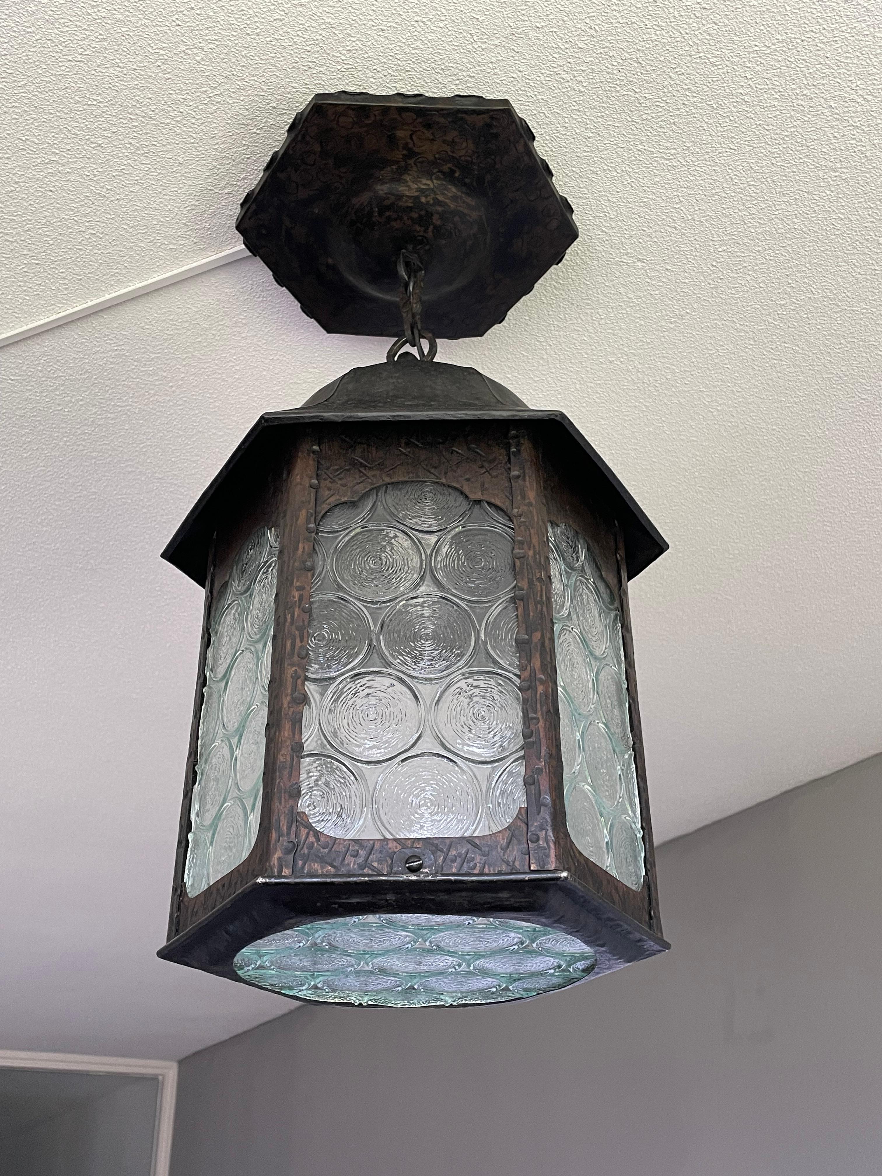 Antique Gothic Revival Wrought Iron & Unique Art Glass, Porch or Hallway Lantern For Sale 4