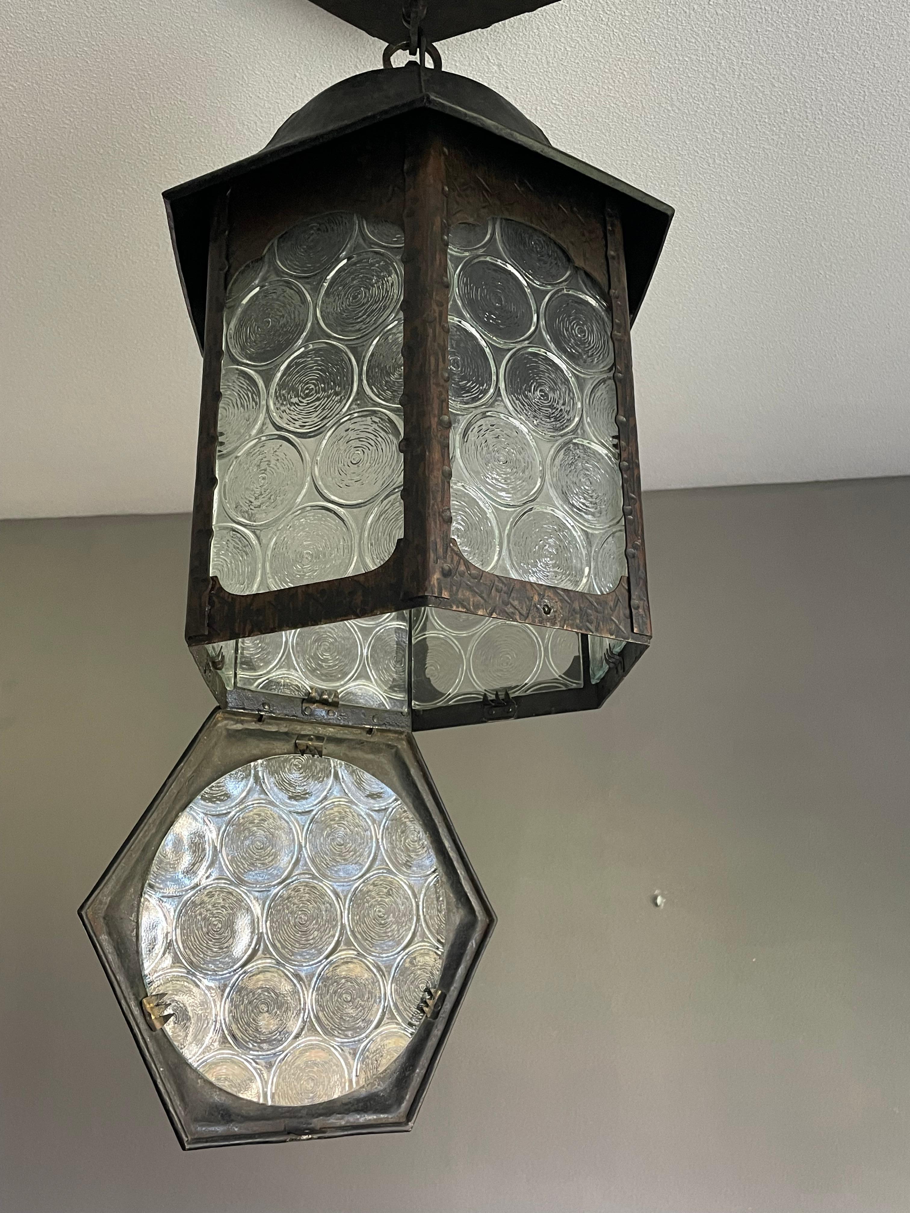 Antique Gothic Revival Wrought Iron & Unique Art Glass, Porch or Hallway Lantern For Sale 5