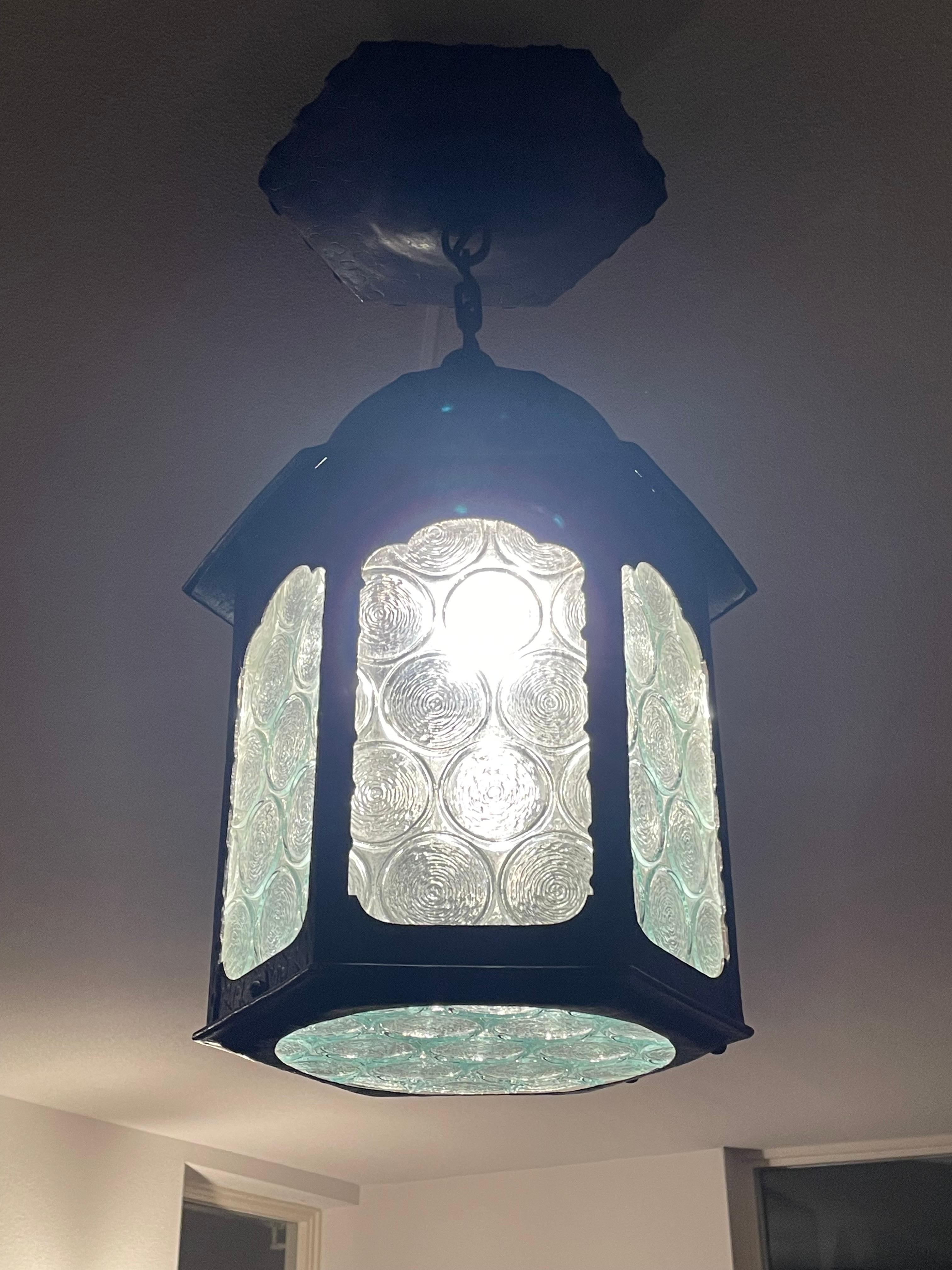 Antique Gothic Revival Wrought Iron & Unique Art Glass, Porch or Hallway Lantern For Sale 7