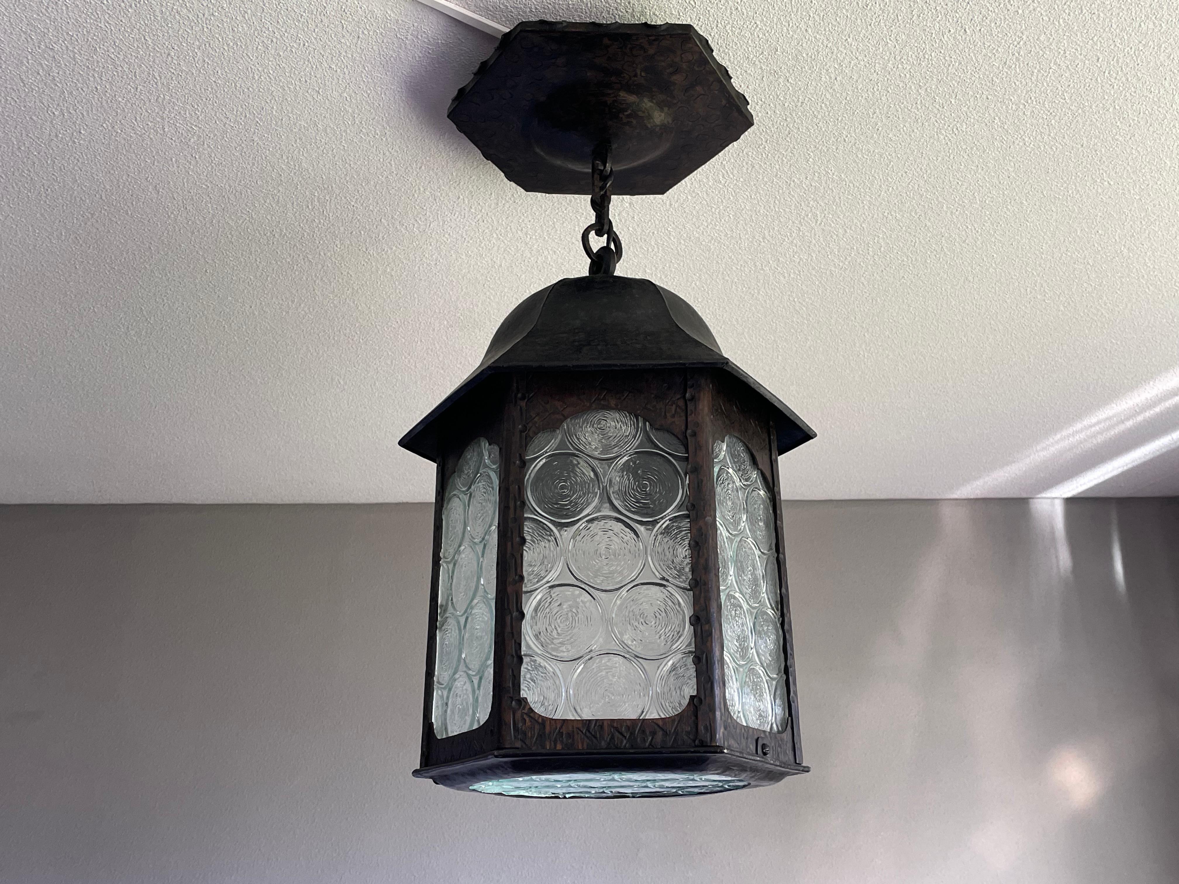 Antique Gothic Revival Wrought Iron & Unique Art Glass, Porch or Hallway Lantern For Sale 8