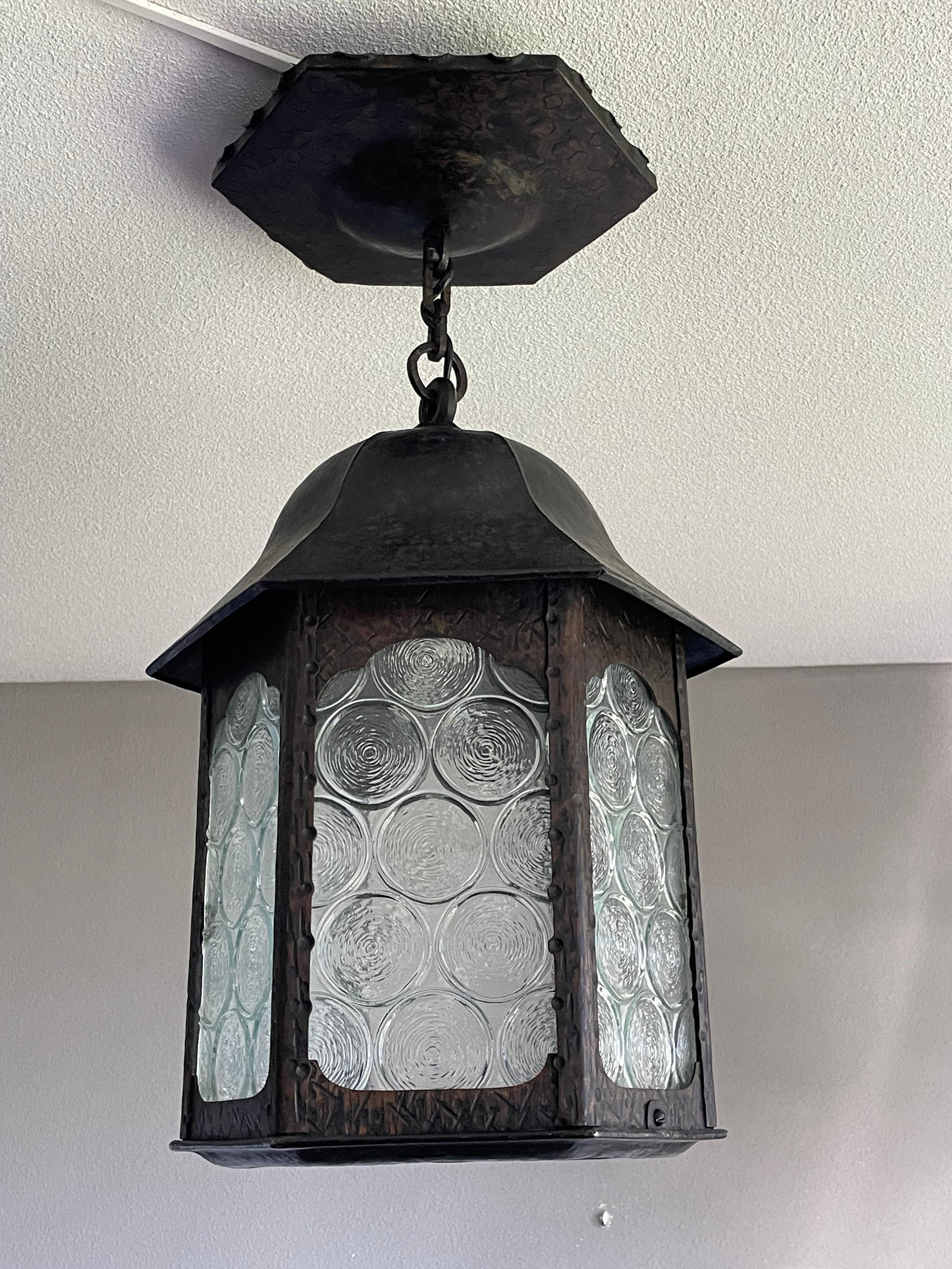 Antique Gothic Revival Wrought Iron & Unique Art Glass, Porch or Hallway Lantern For Sale 10