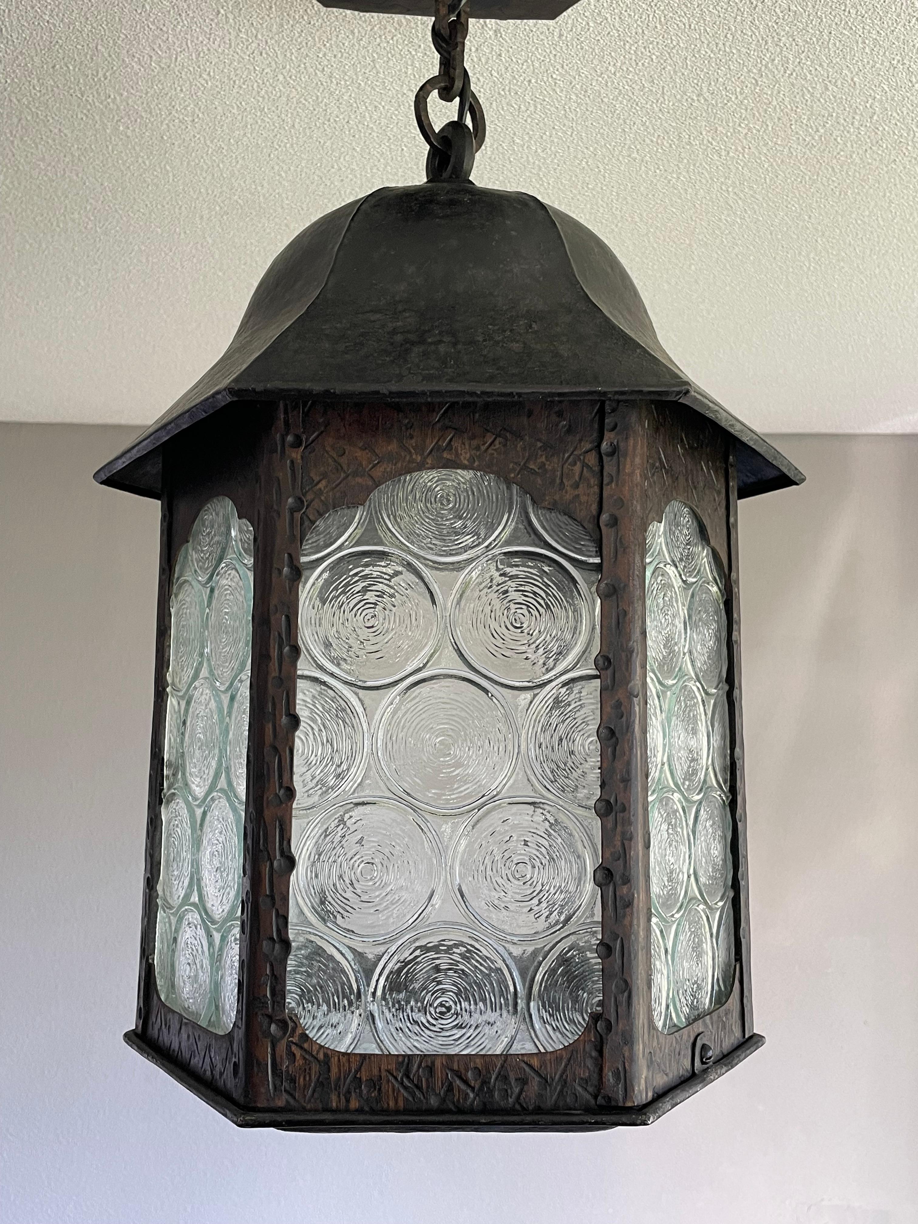 European Antique Gothic Revival Wrought Iron & Unique Art Glass, Porch or Hallway Lantern For Sale