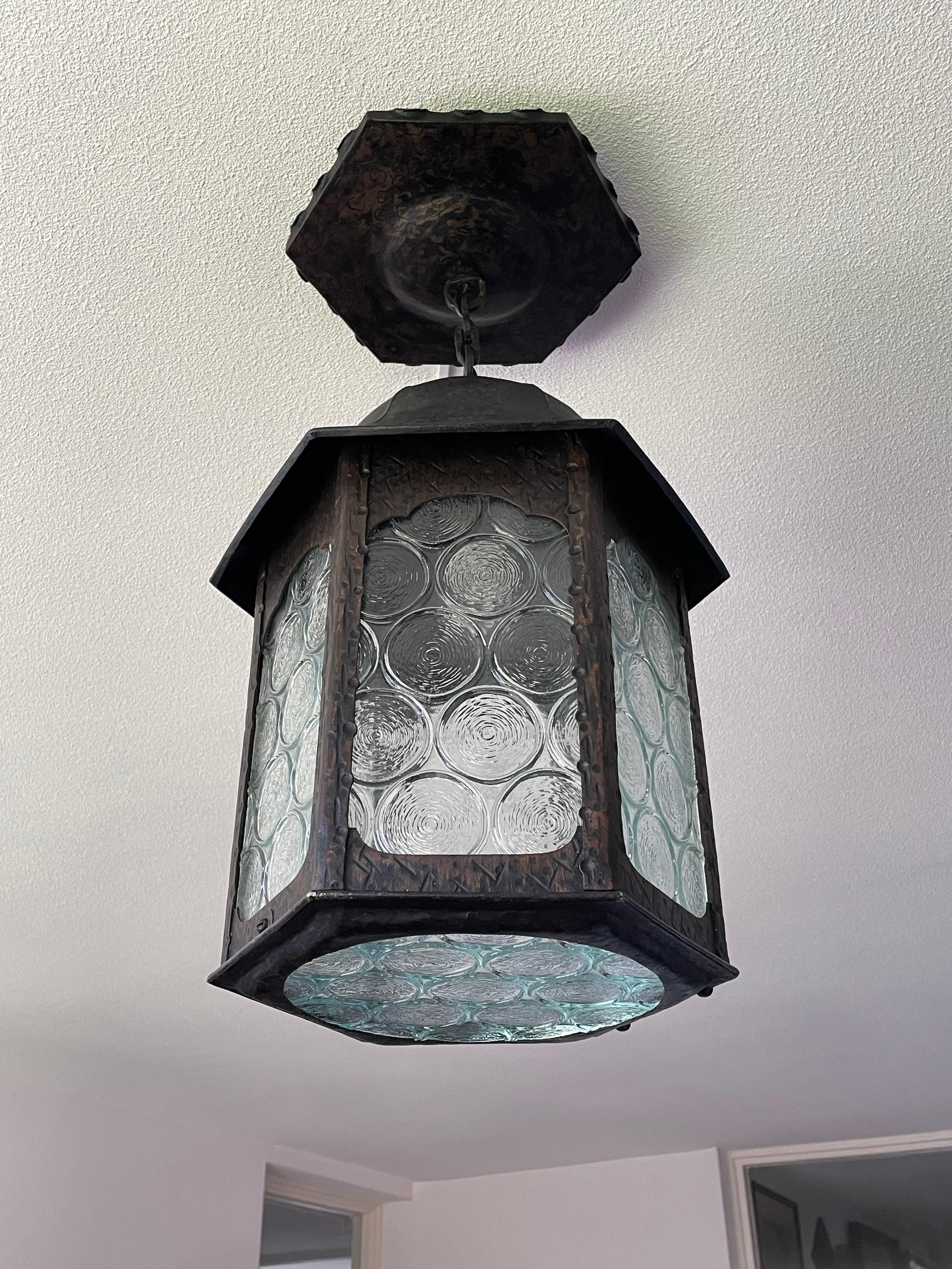 Metal Antique Gothic Revival Wrought Iron & Unique Art Glass, Porch or Hallway Lantern For Sale