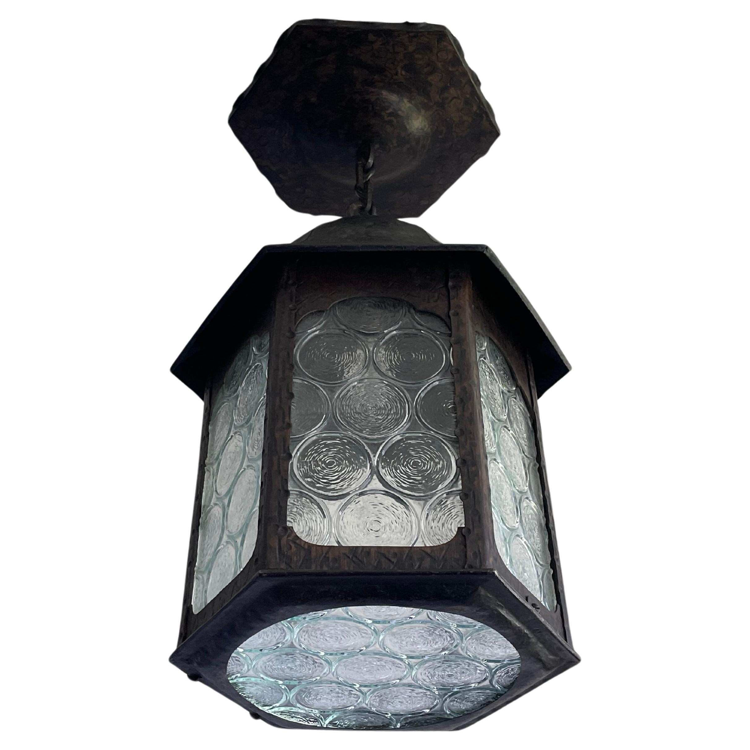 Antique Gothic Revival Wrought Iron & Unique Art Glass, Porch or Hallway Lantern For Sale