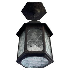 Antique Gothic Revival Wrought Iron & Unique Art Glass, Porch or Hallway Lantern
