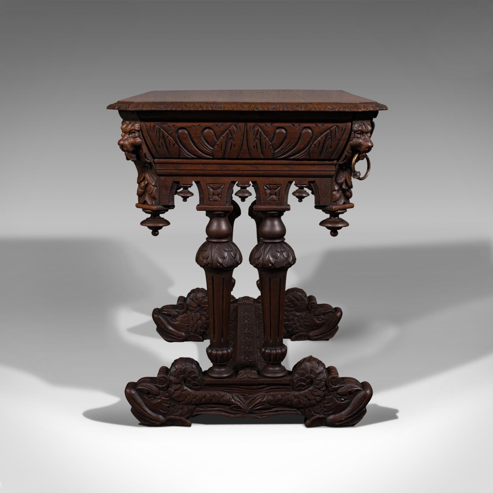 British Antique Gothic Side Table, Scottish, Oak, Correspondence Desk, Victorian, C.1880