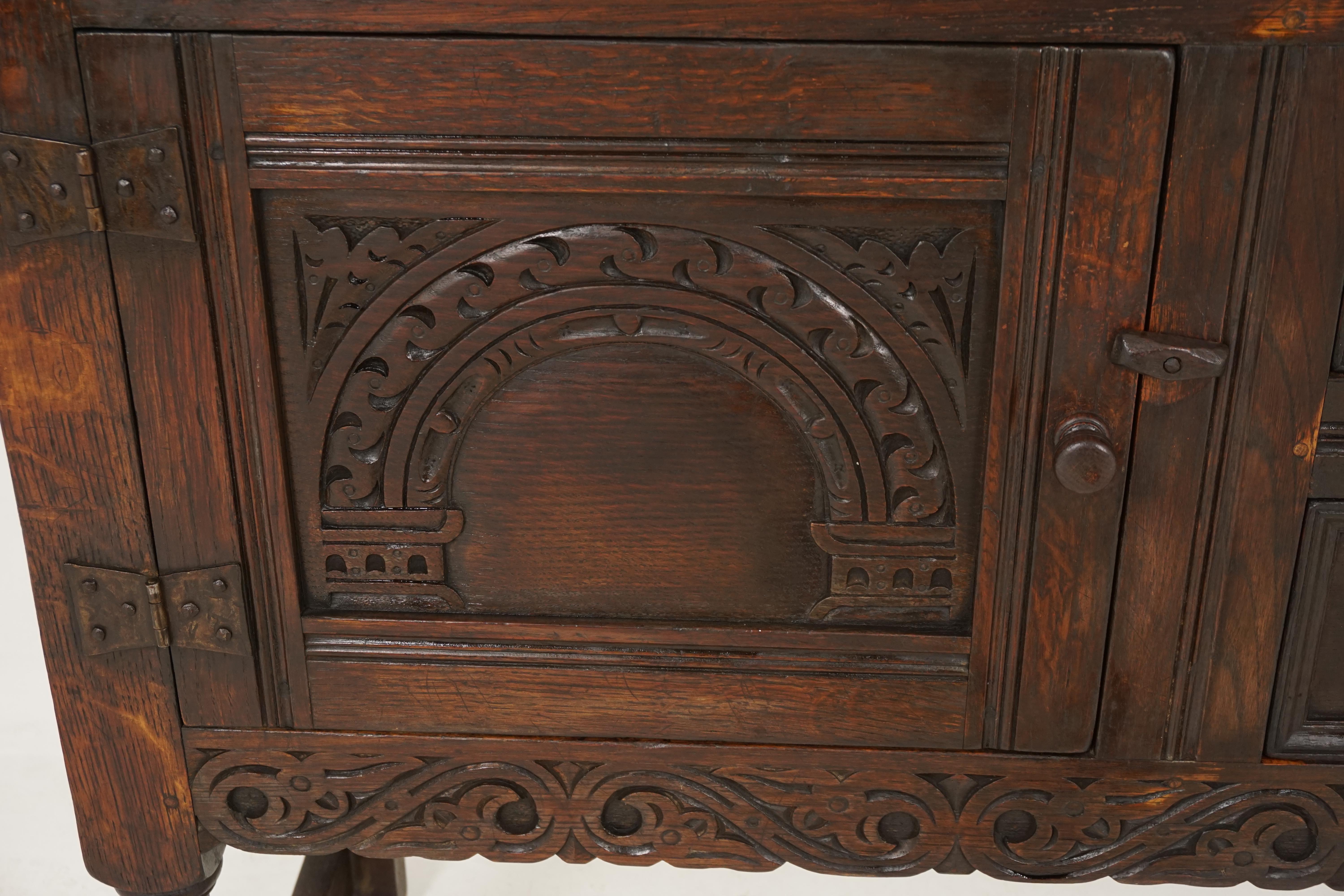 Hand-Crafted Antique Gothic Sideboard, Carved Oak Buffet, Scotland 1910, B2386