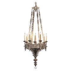 Antiker gotischer 12-Licht-Kronleuchter aus versilberter Bronze, um 1860.