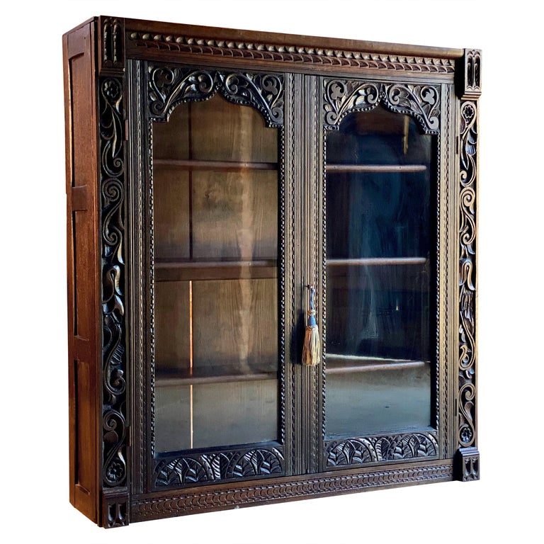 Antique Gothic Solid Oak Bookcase Heavily Carved Gothic Glazed circa