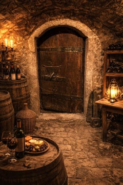 Antica porta gotica in rovere massiccio per il vino con ferramenta originale in ferro battuto