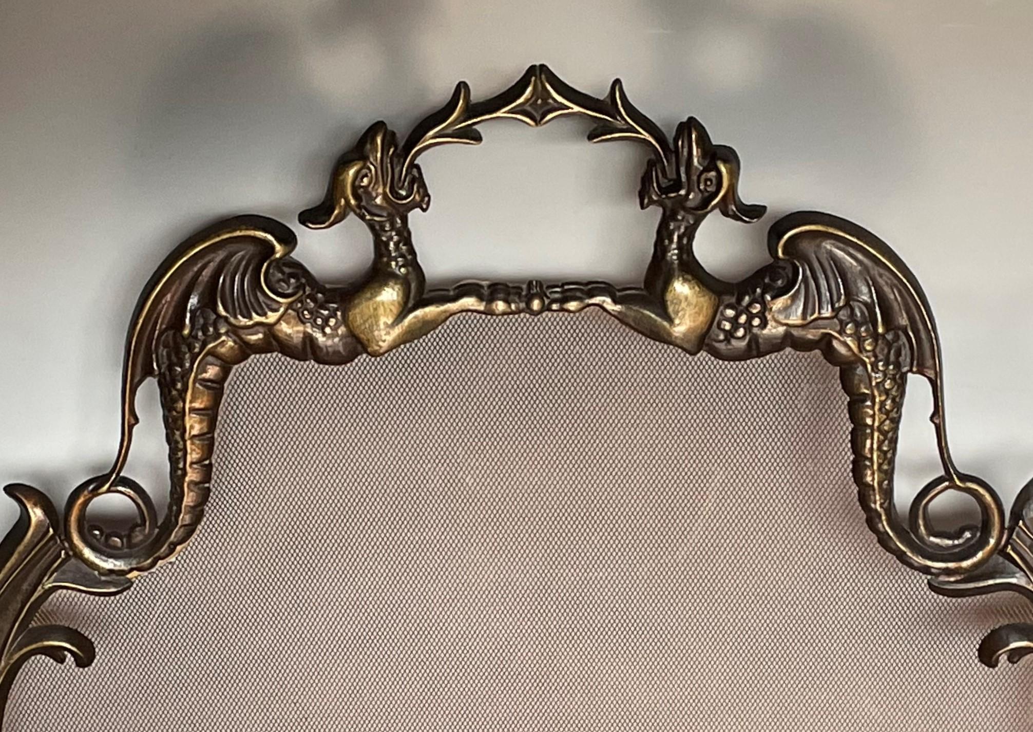 Cast Antique Gothic Style Bronze Firescreen with Dragon Sculptures and Mint Wire Mesh For Sale