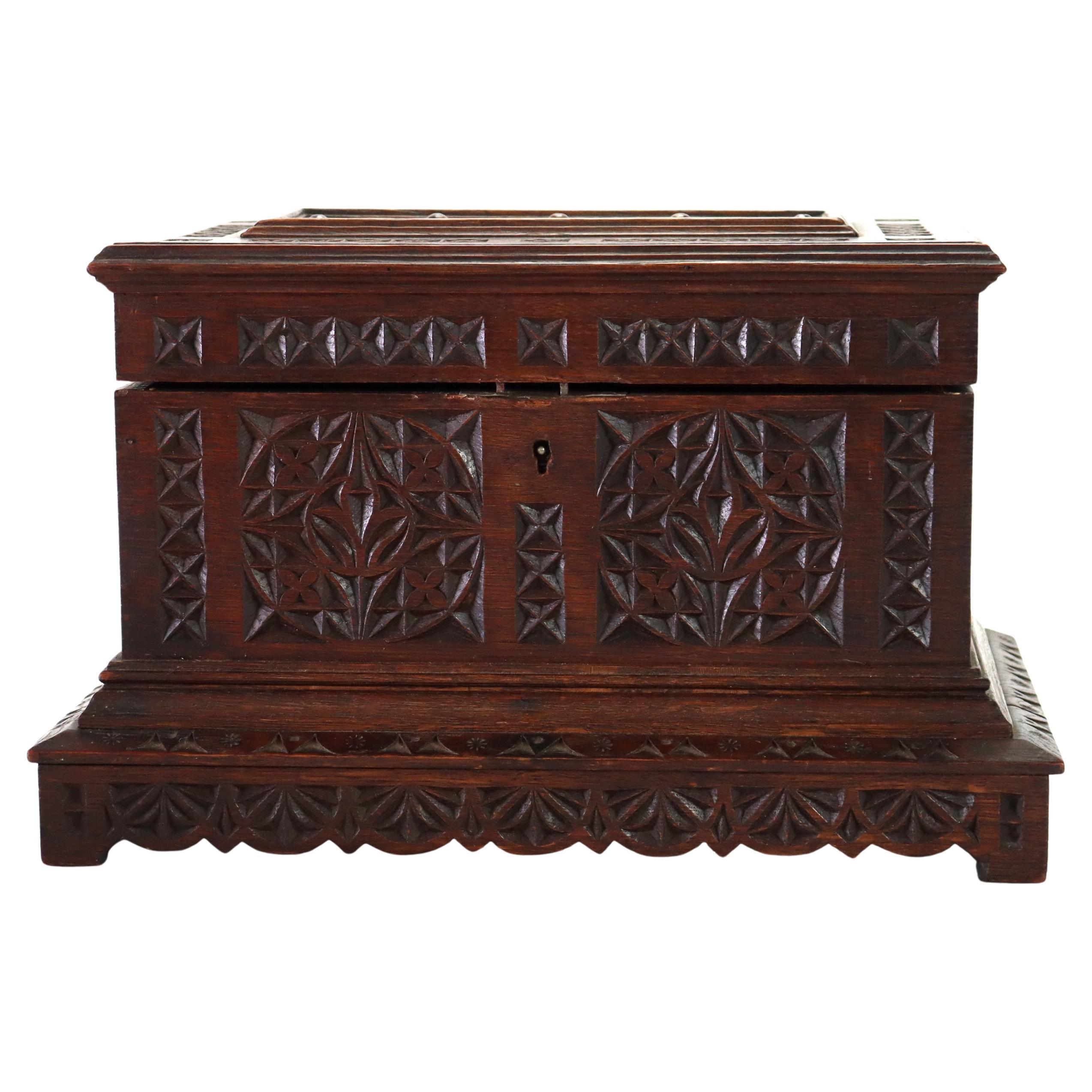 Antique Gothic Style Chip Carved Walnut Keepsake Box C1860