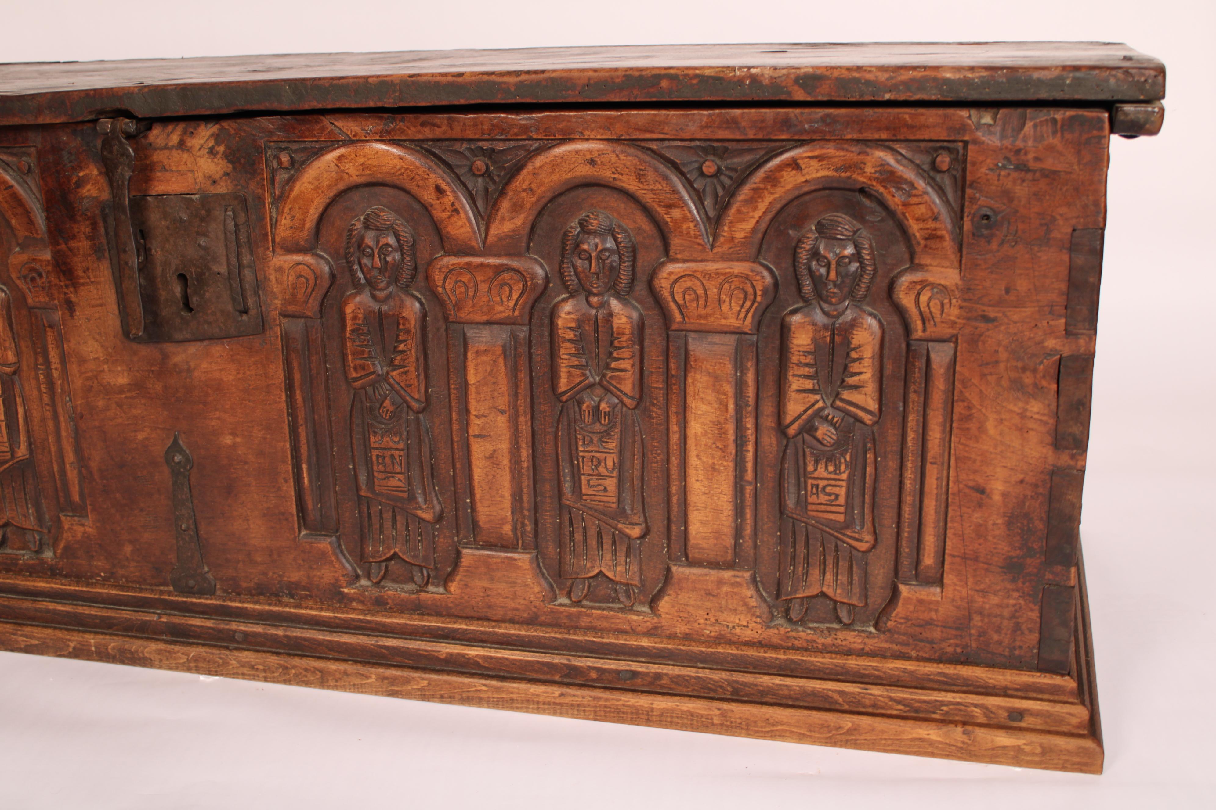 Iron Antique Gothic Style Elm Trunk For Sale