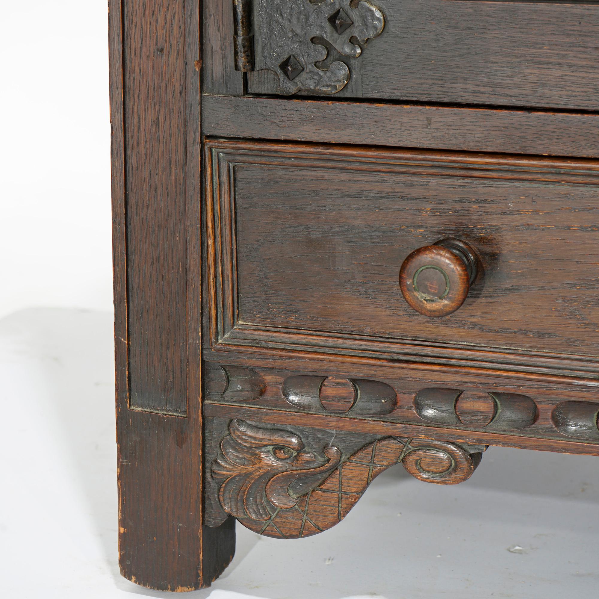 Antique Gothic Style Figural Carved English Oak Linen Fold Design Credenza c1910 13