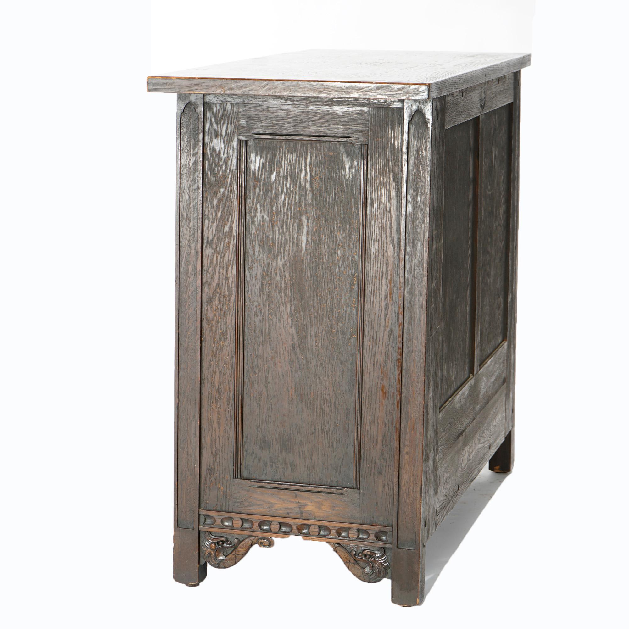 Antique Gothic Style Figural Carved English Oak Linen Fold Design Credenza c1910 In Good Condition In Big Flats, NY