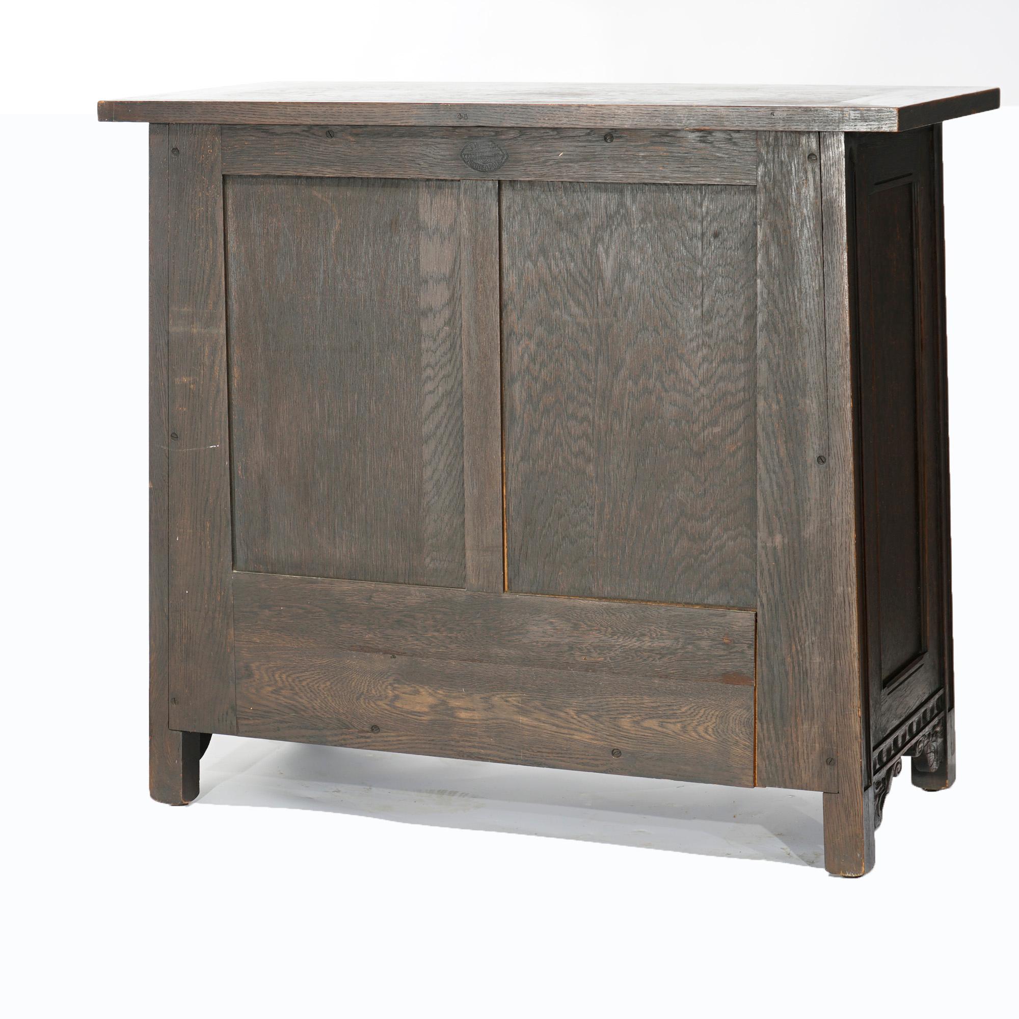 20th Century Antique Gothic Style Figural Carved English Oak Linen Fold Design Credenza c1910
