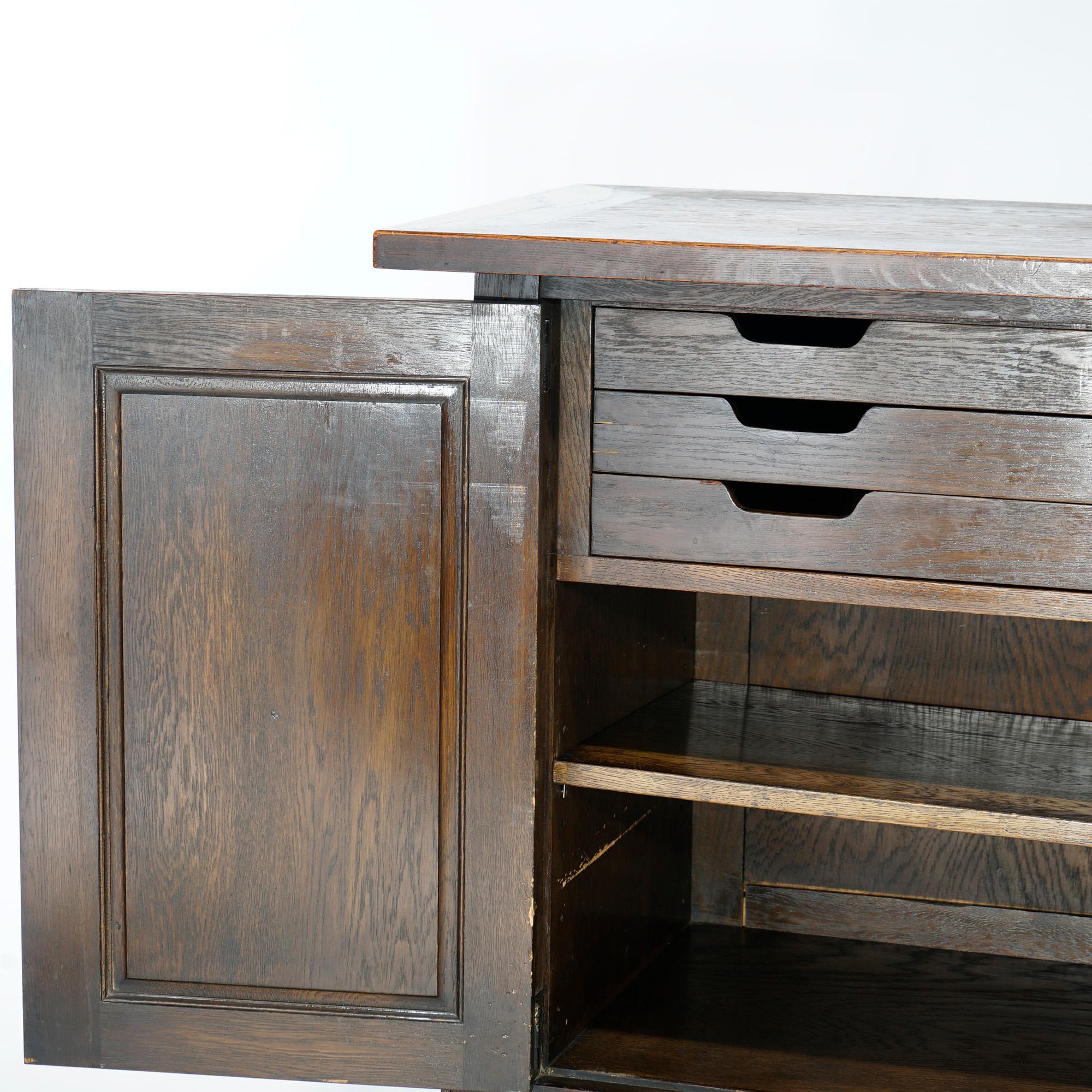 Antique Gothic Style Figural Carved English Oak Linen Fold Design Credenza c1910 1