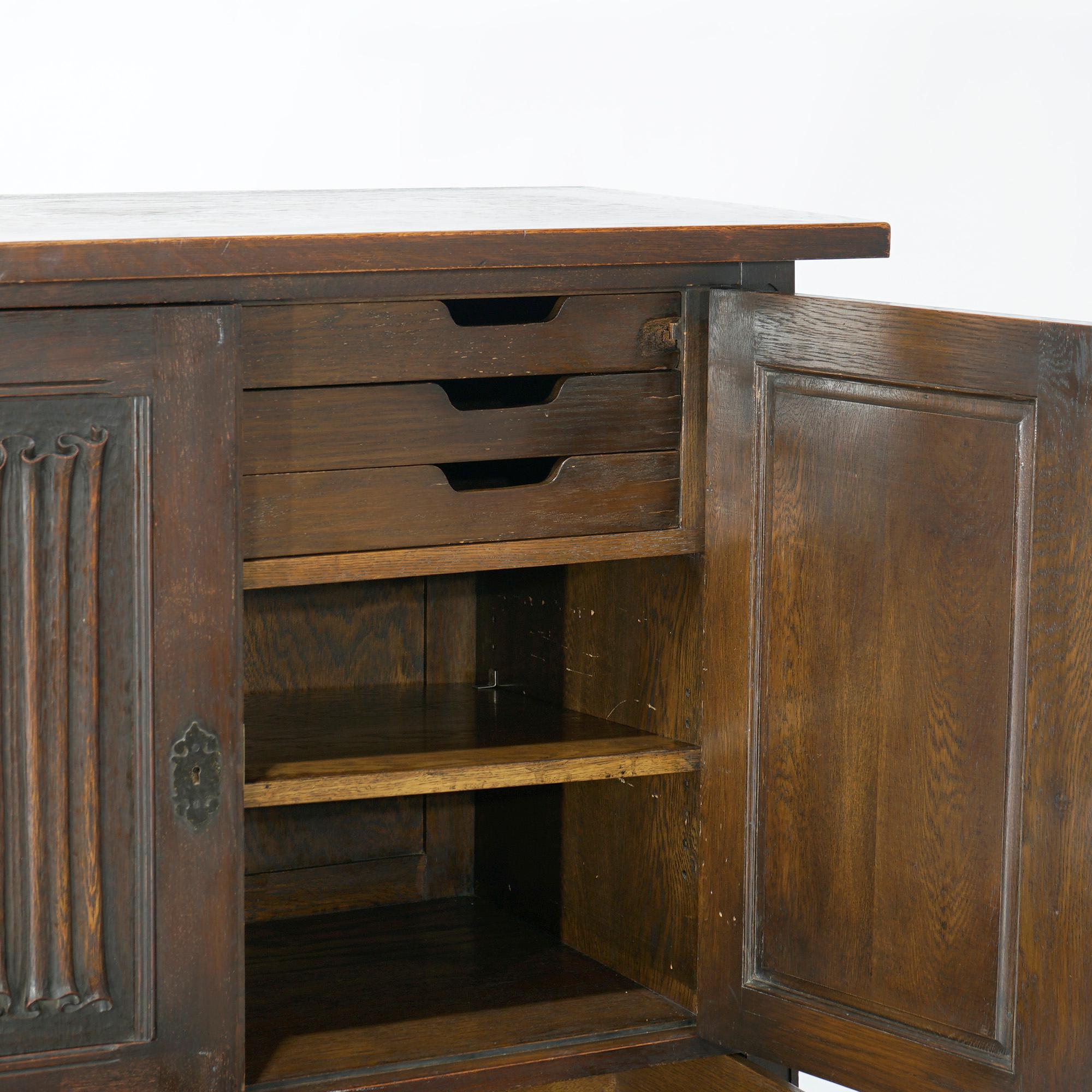 Antique Gothic Style Figural Carved English Oak Linen Fold Design Credenza c1910 2