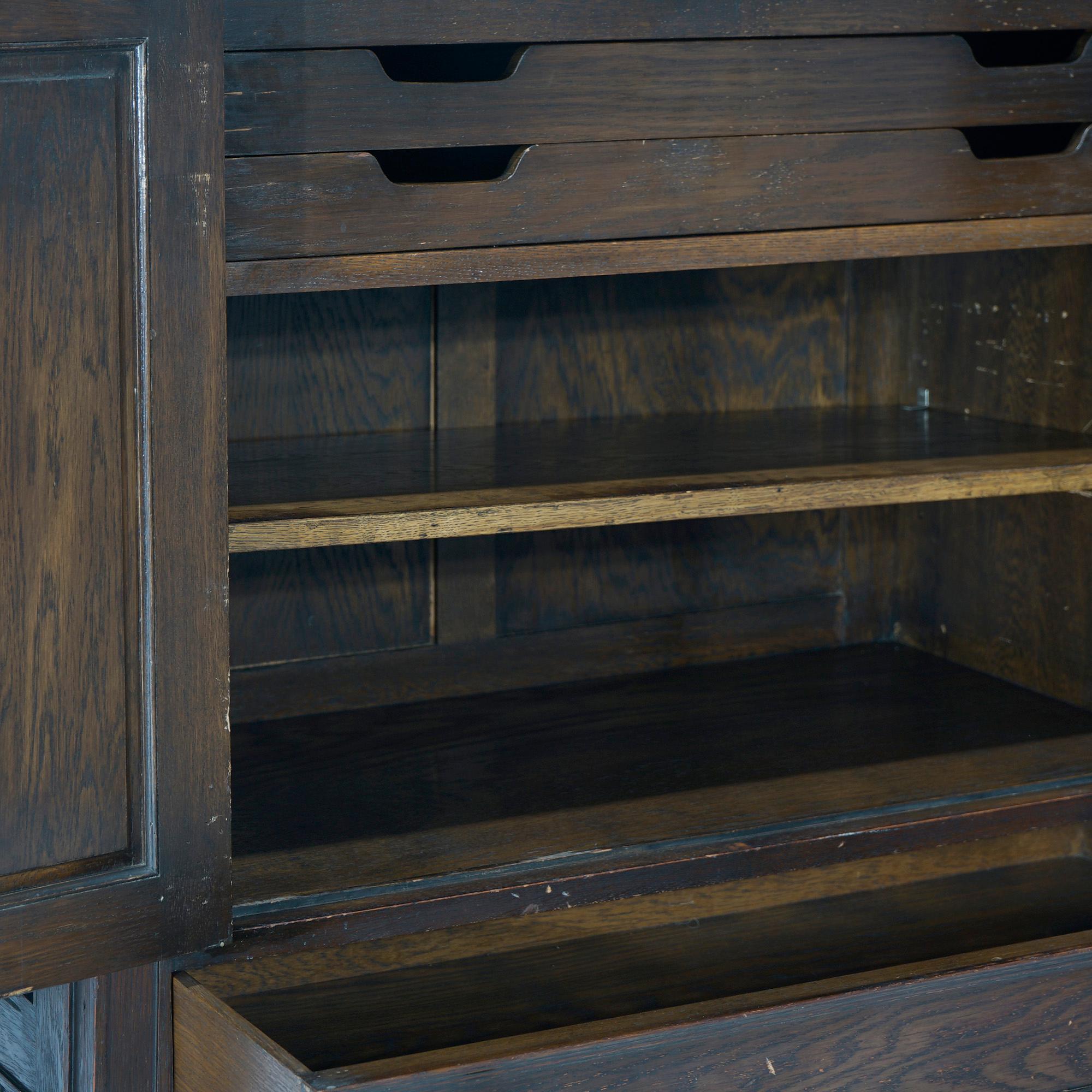 Antique Gothic Style Figural Carved English Oak Linen Fold Design Credenza c1910 3