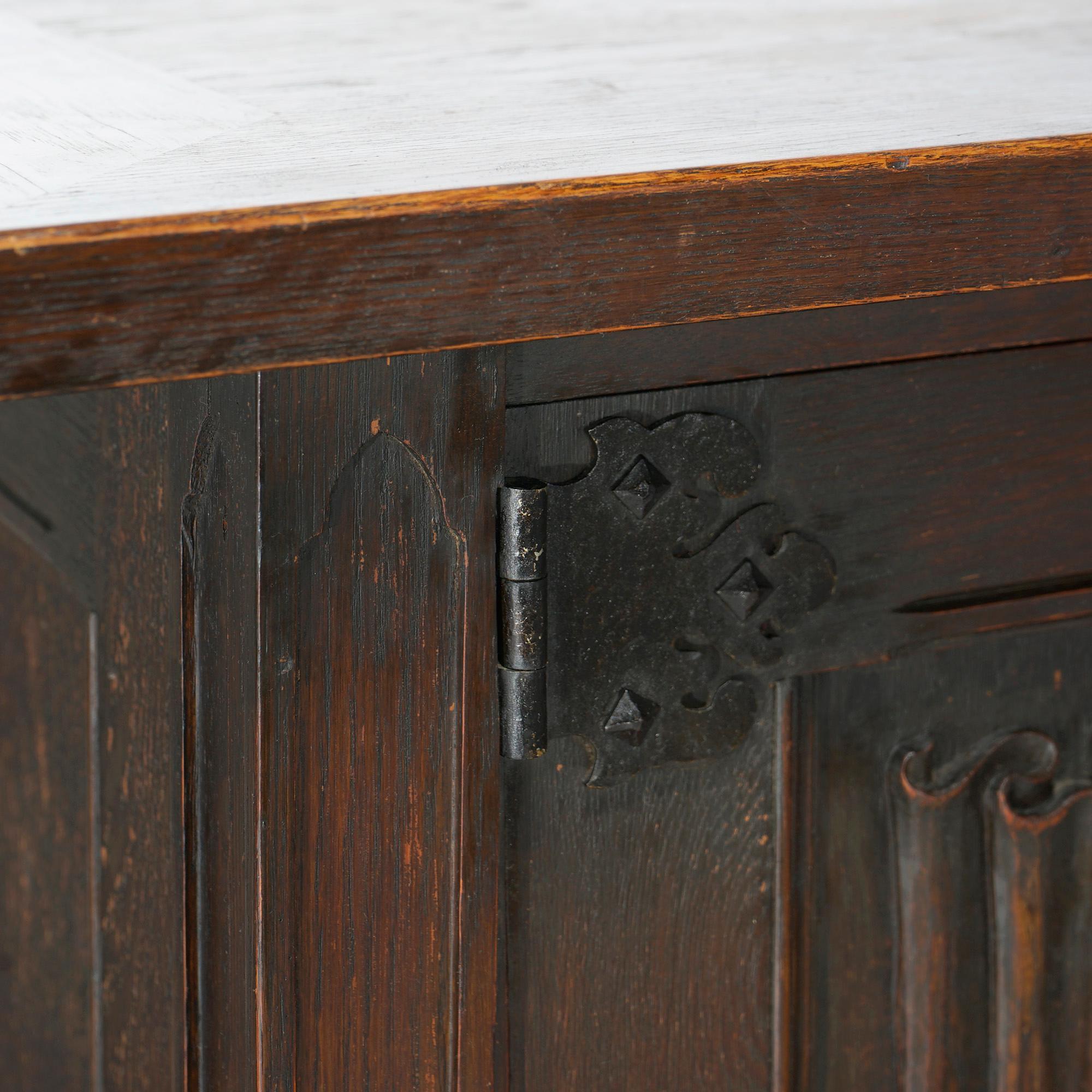Antique Gothic Style Figural Carved English Oak Linen Fold Design Credenza c1910 4