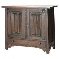 Antique Gothic Style Figural Carved English Oak Linen Fold Design Credenza c1910