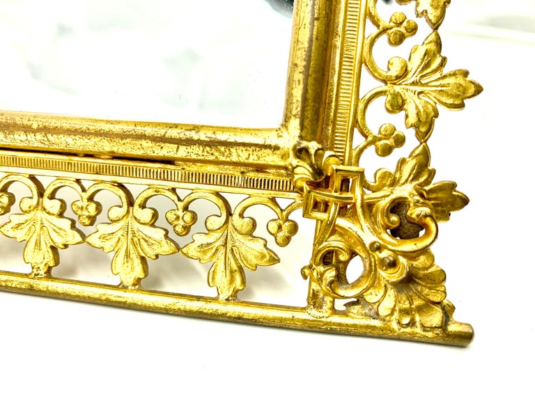 19th Century Antique Gothic Style French Gilt Bronze Arch Form Vanity Table Mirror For Sale