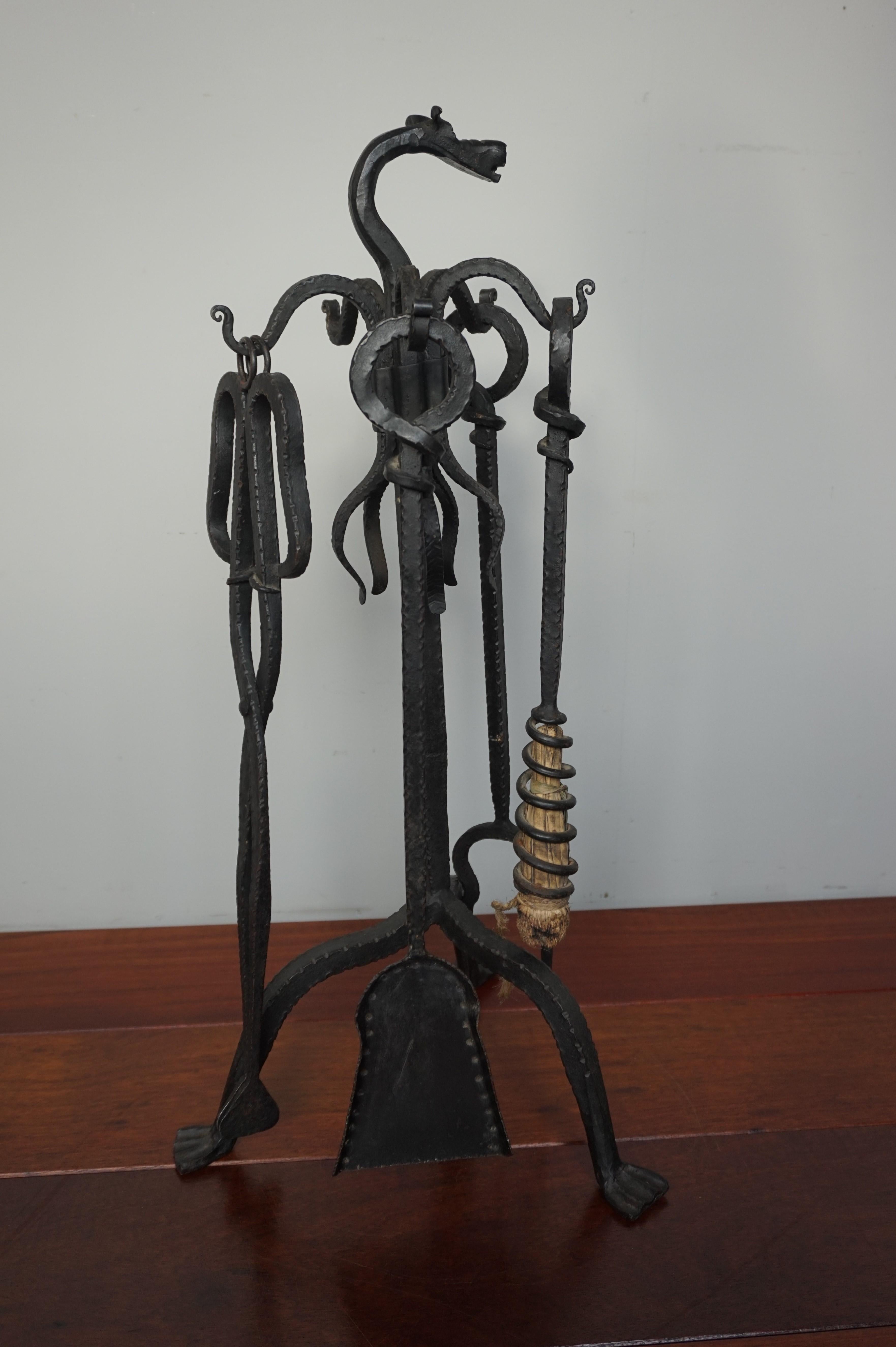 Antique Gothic Style, Hand Forged Wrought Iron Dragon Head Fireplace Tools Set  3