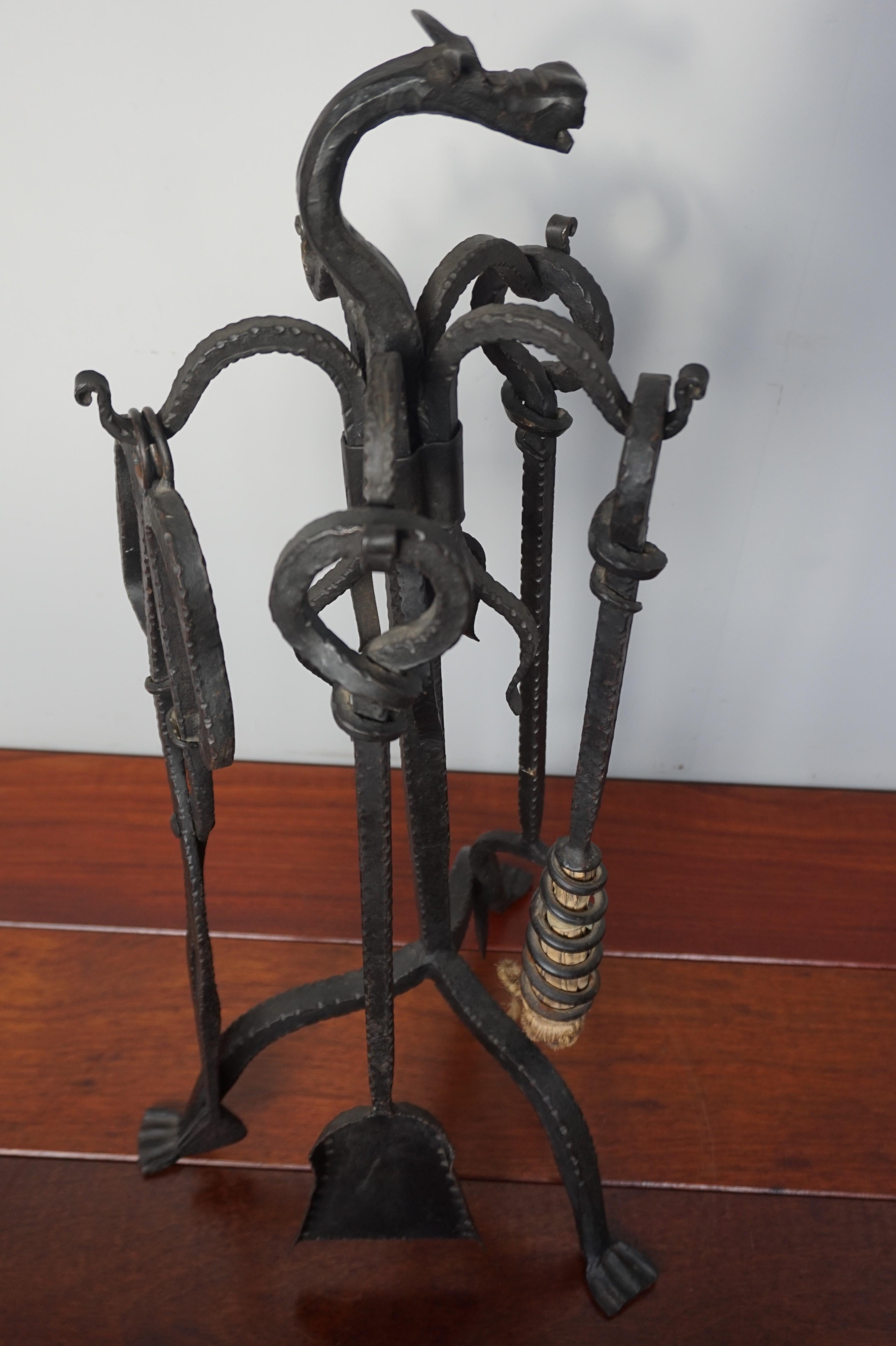 Antique Gothic Style, Hand Forged Wrought Iron Dragon Head Fireplace Tools Set  7