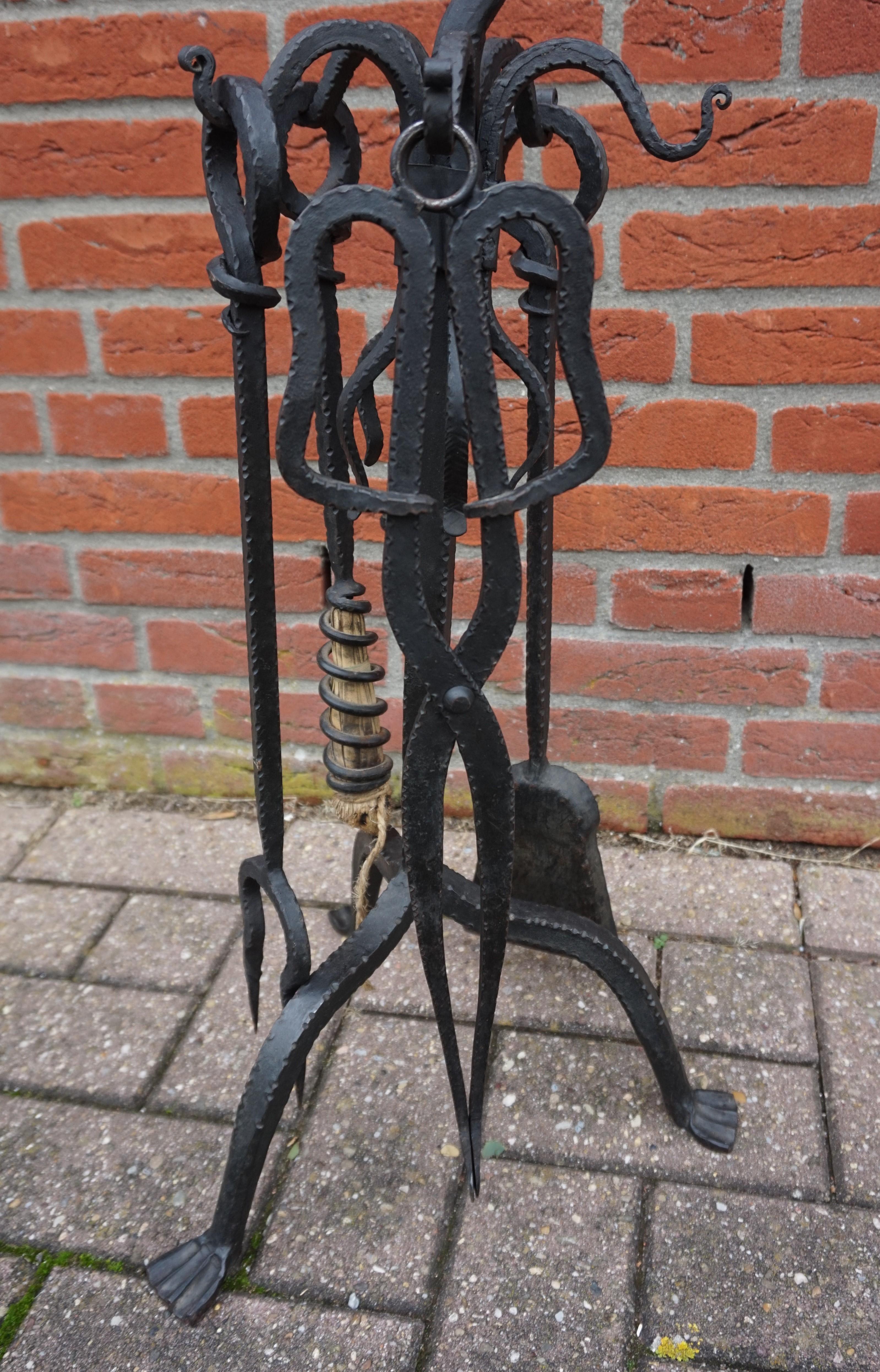 Antique Gothic Style, Hand Forged Wrought Iron Dragon Head Fireplace Tools Set  8