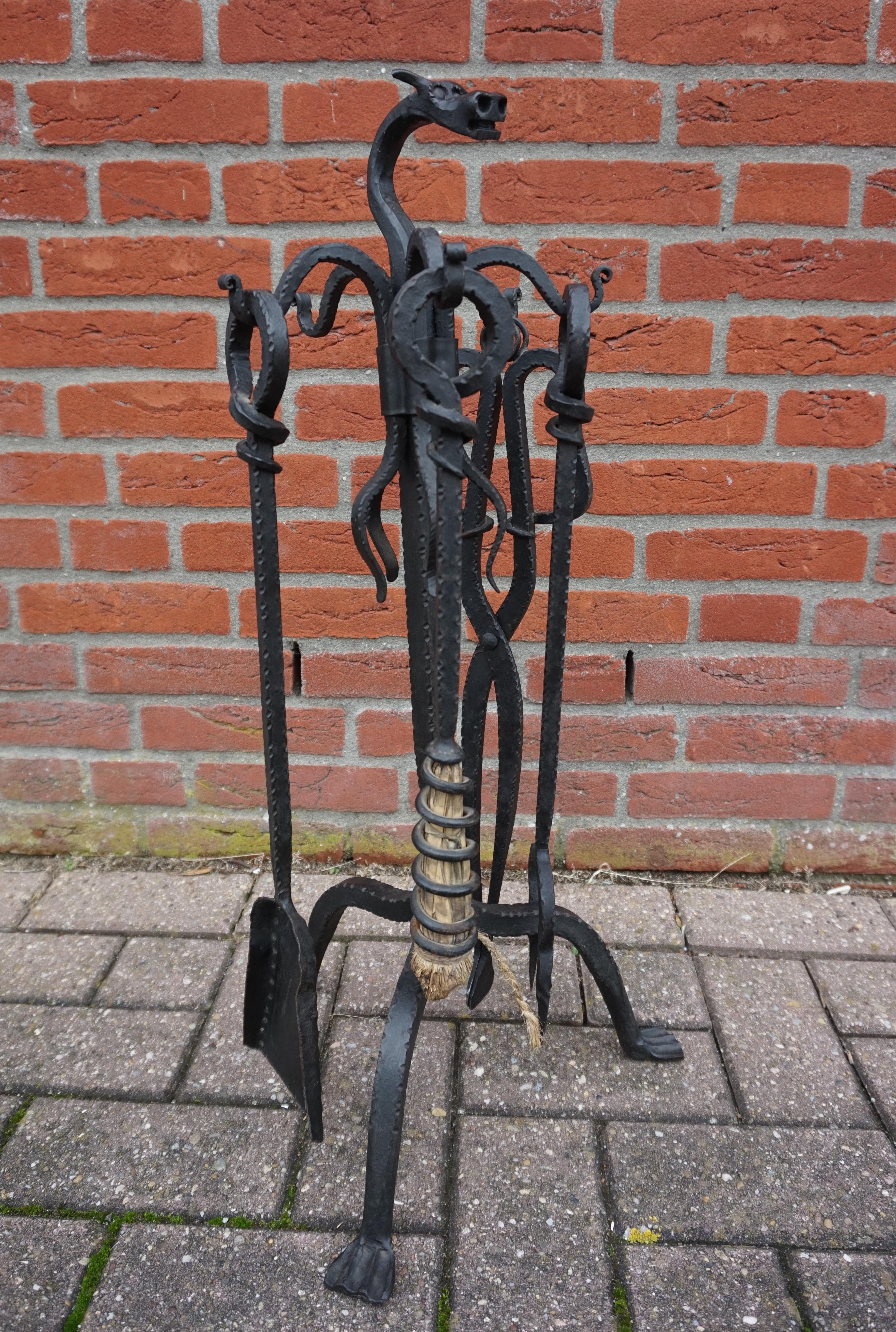 Antique Gothic Style, Hand Forged Wrought Iron Dragon Head Fireplace Tools Set  9