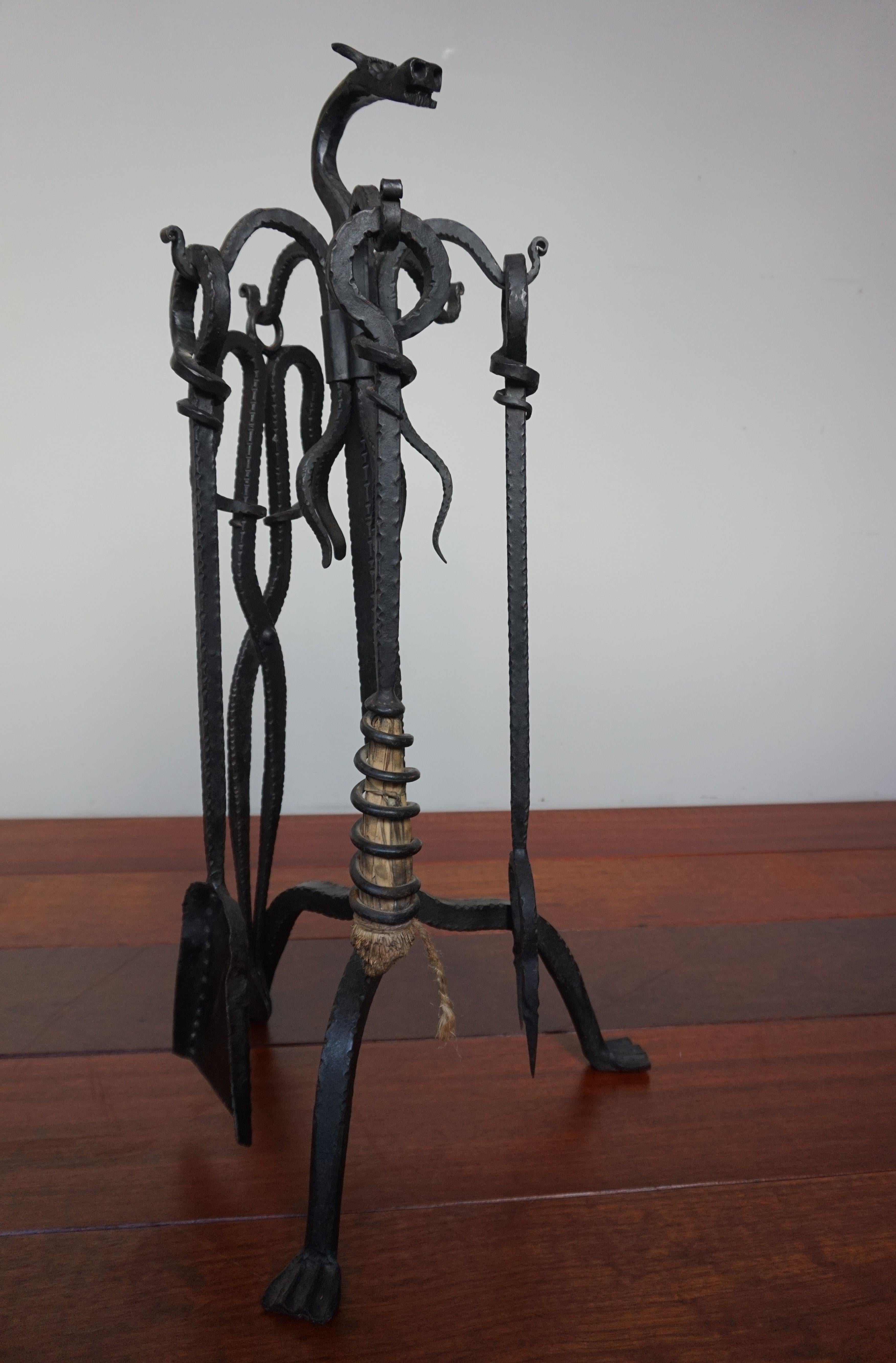 Antique Gothic Style, Hand Forged Wrought Iron Dragon Head Fireplace Tools Set  10