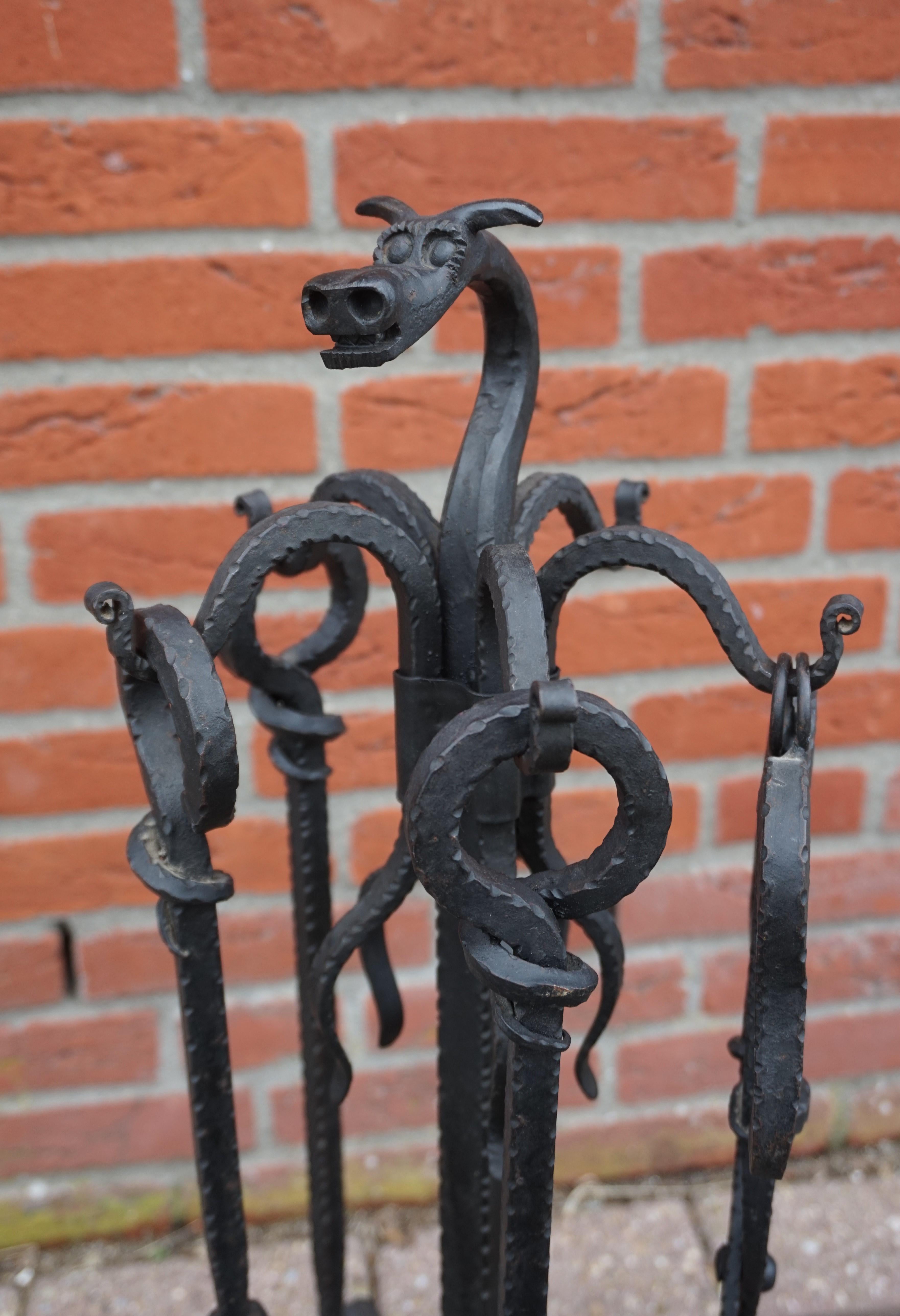 Gothic Revival Antique Gothic Style, Hand Forged Wrought Iron Dragon Head Fireplace Tools Set 