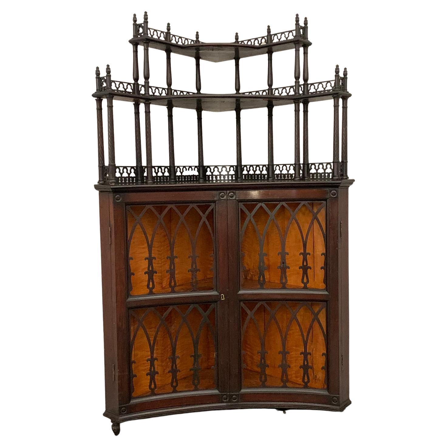 Antique Gothic Style Mahogany Corner Cabinet For Sale