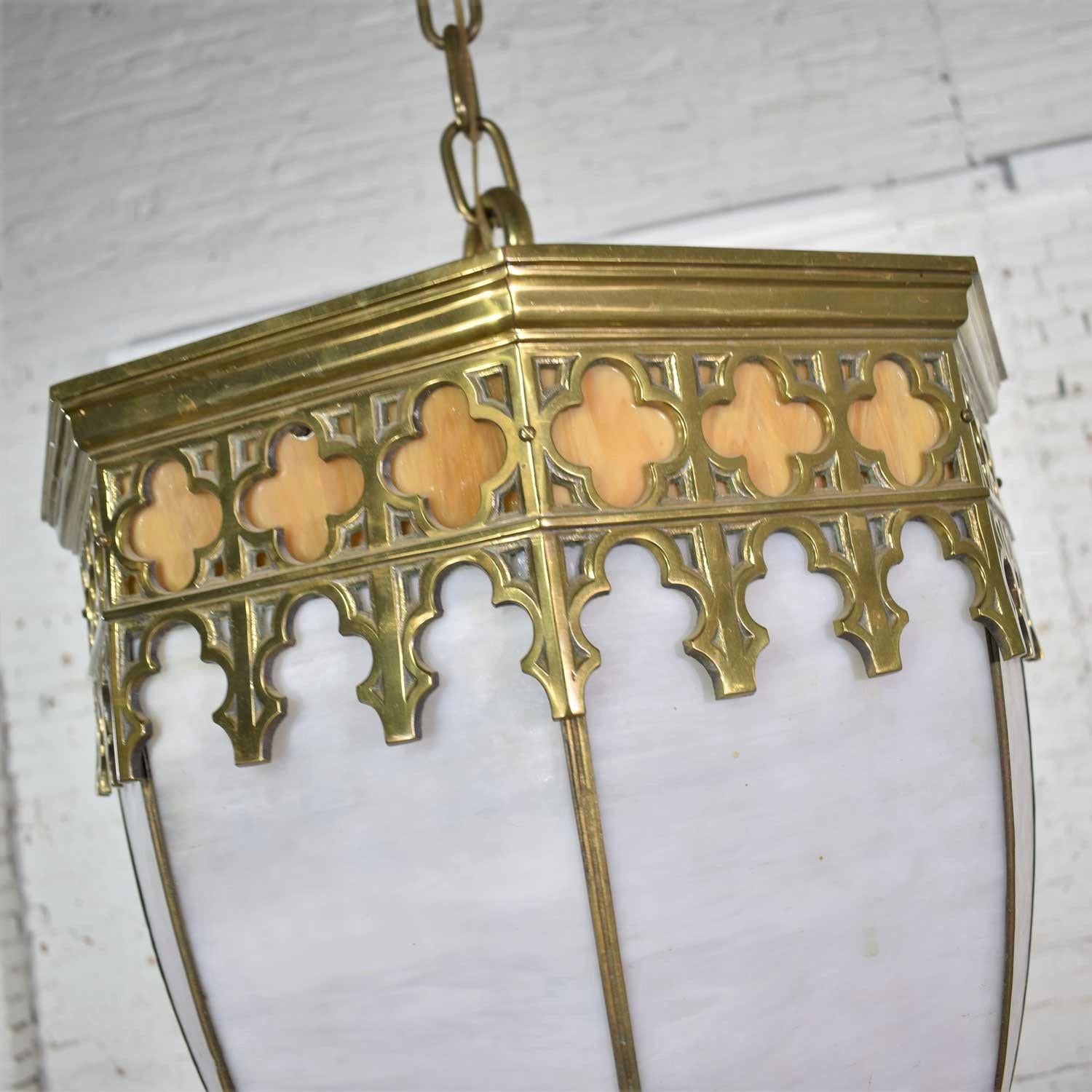 Antique Gothic Style Slag Glass & Brass Octagon Chandelier Pendant Light, 2 Avai 1