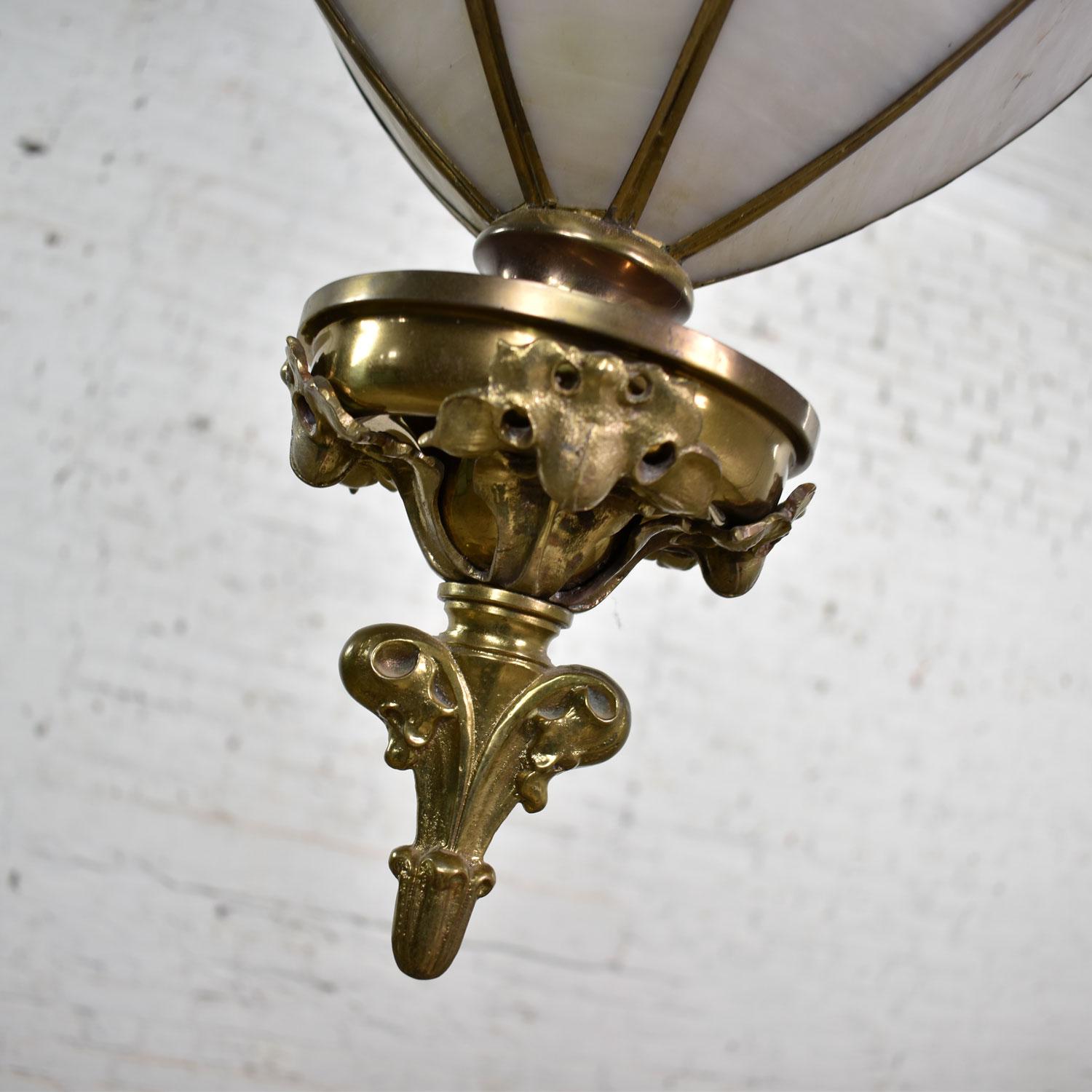 Antique Gothic Style Slag Glass & Brass Octagon Chandelier Pendant Light, 2 Avai 2