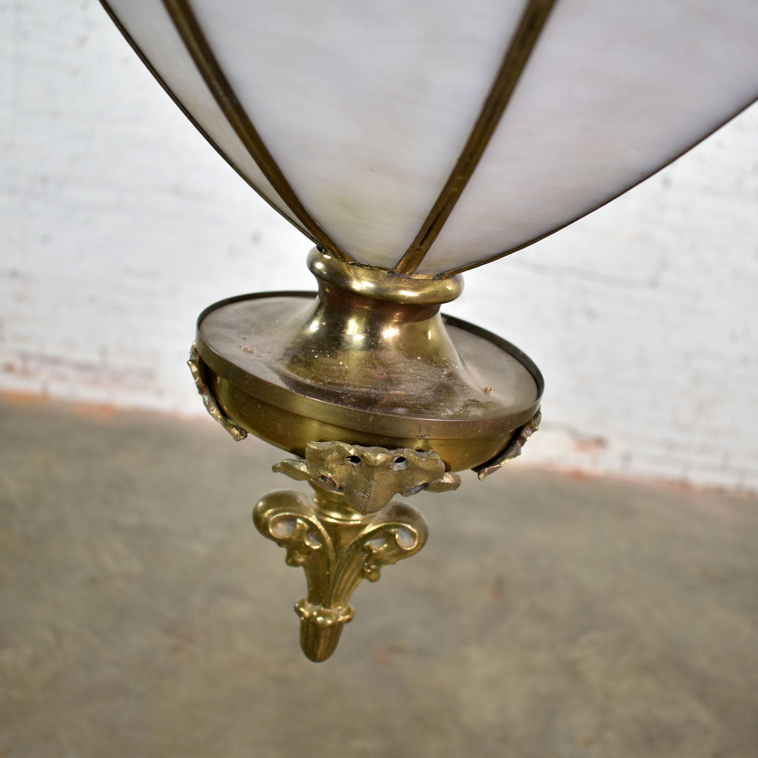 Antique Gothic Style Slag Glass & Brass Octagon Chandelier Pendant Light, 2 Avai 3