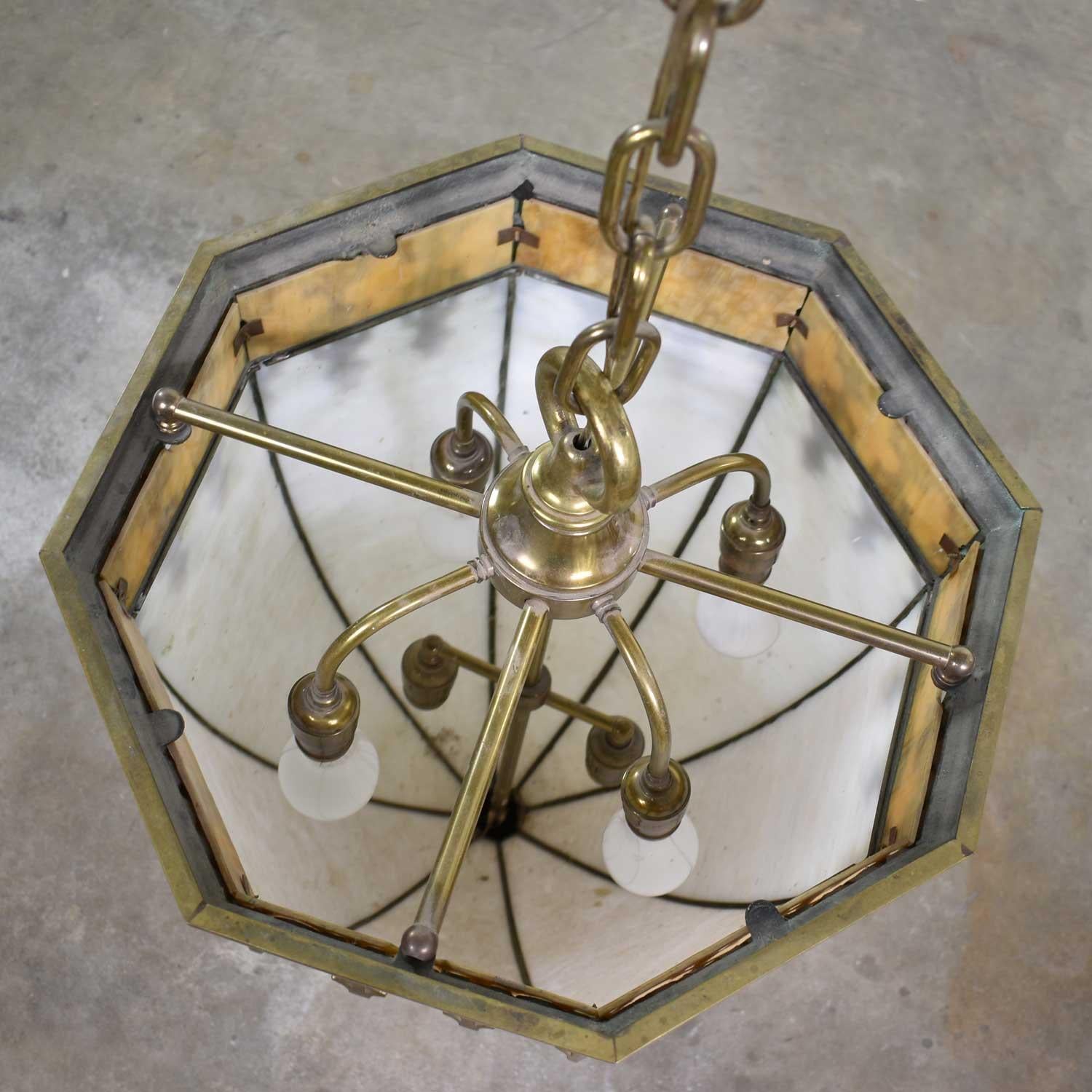 Antique Gothic Style Slag Glass & Brass Octagon Chandelier Pendant Light, 2 Avai 4