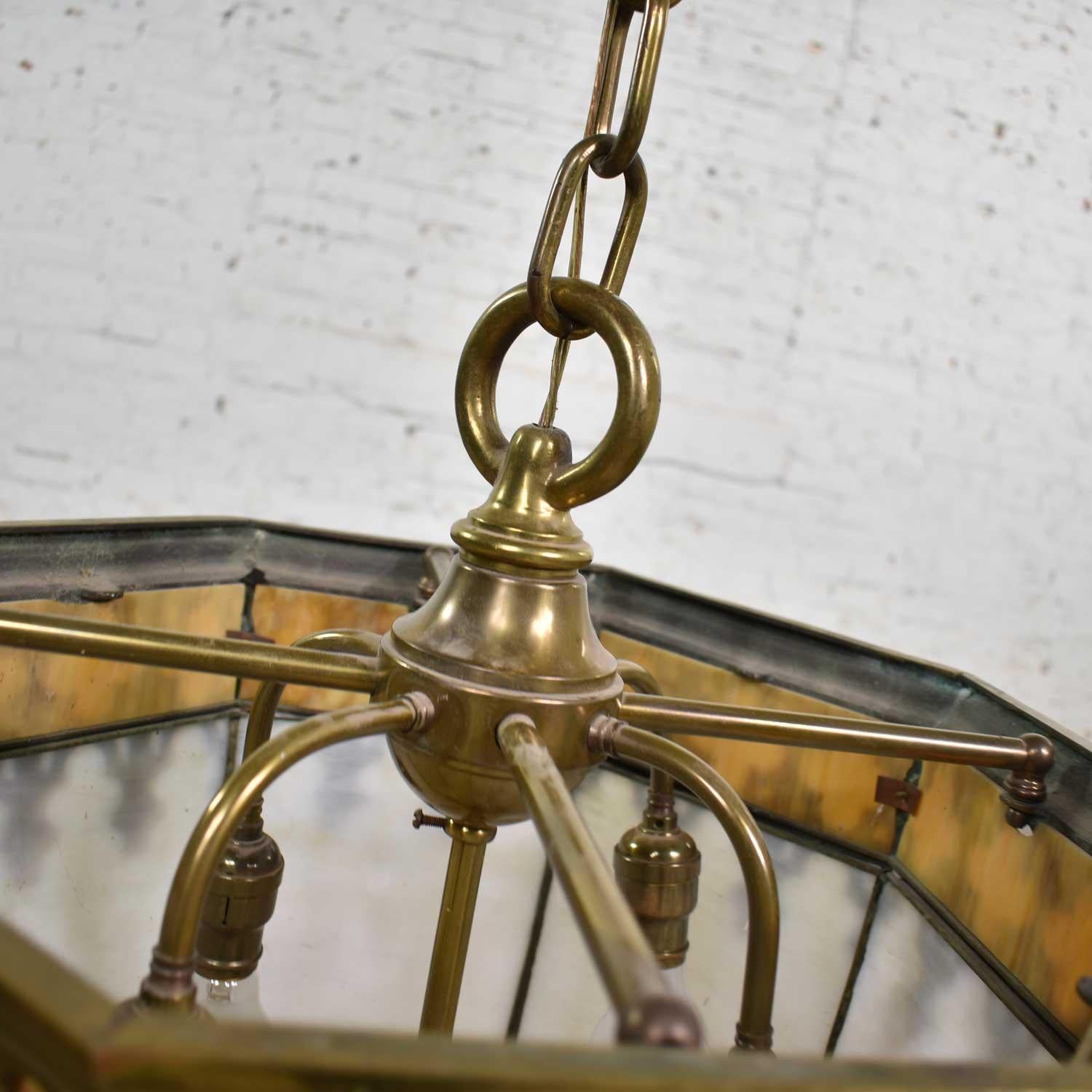Antique Gothic Style Slag Glass & Brass Octagon Chandelier Pendant Light, 2 Avai 5