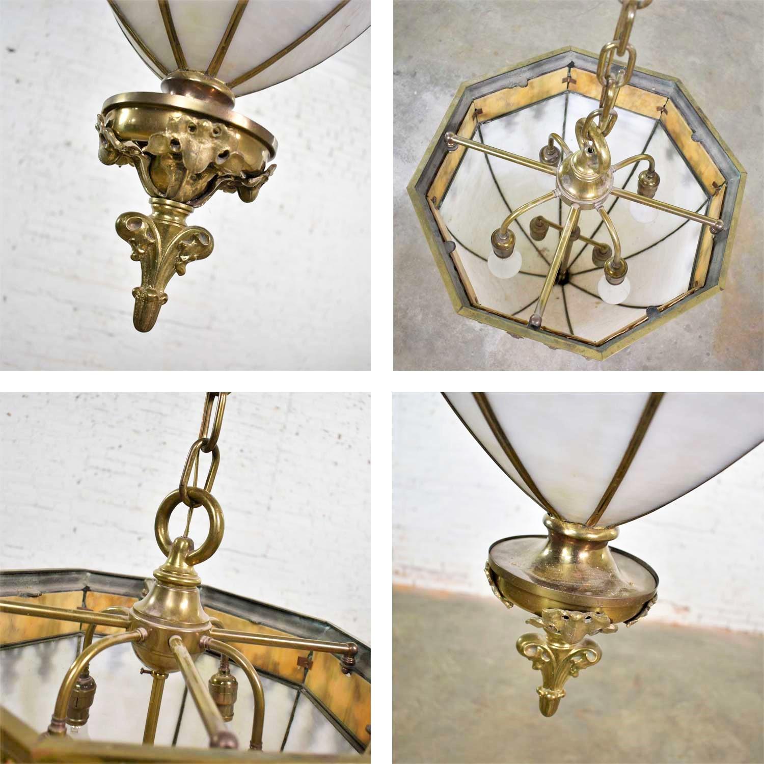 Antique Gothic Style Slag Glass & Brass Octagon Chandelier Pendant Light, 2 Avai 6