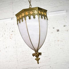 Antique Gothic Style Slag Glass & Brass Octagon Chandelier Pendant Light, 2 Avai