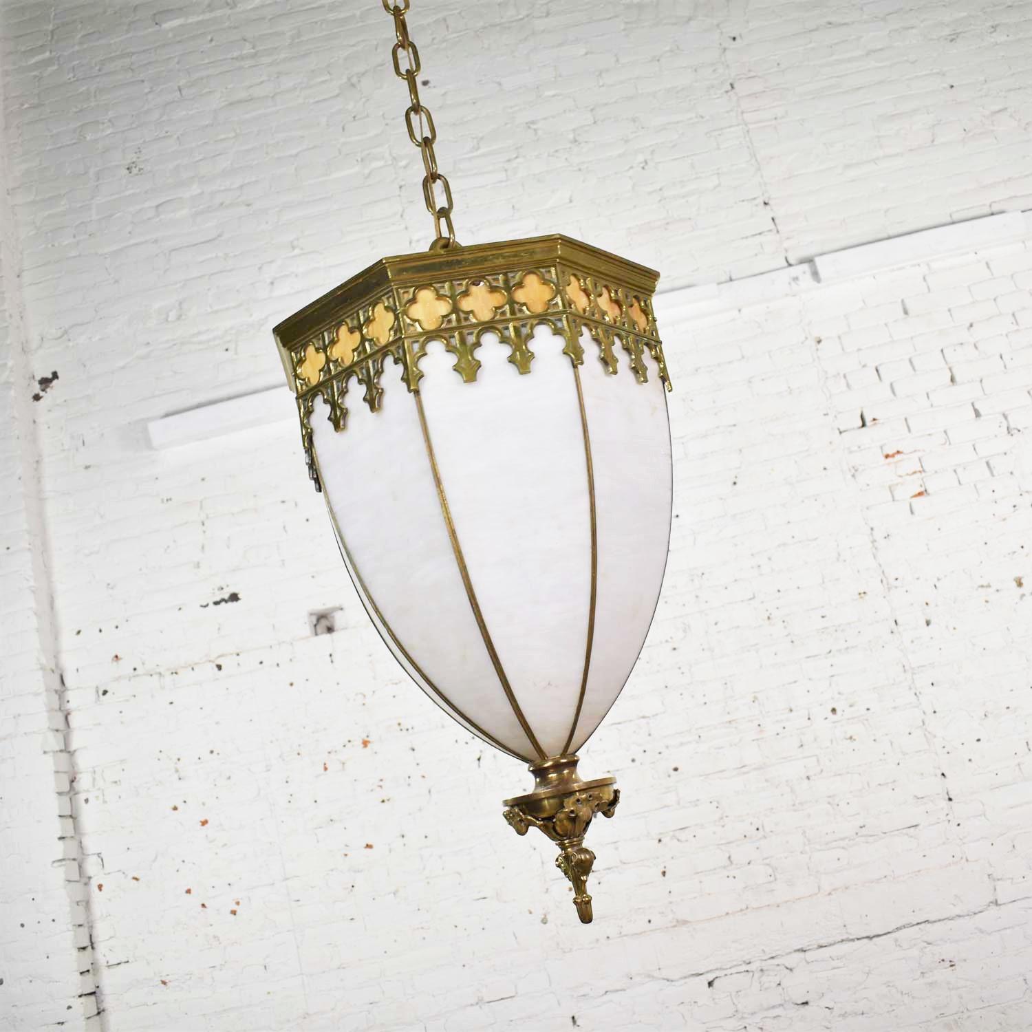 Gothic Revival Antique Gothic Style Slag Glass & Brass Octagon Chandelier Pendant Light, 2 Avai